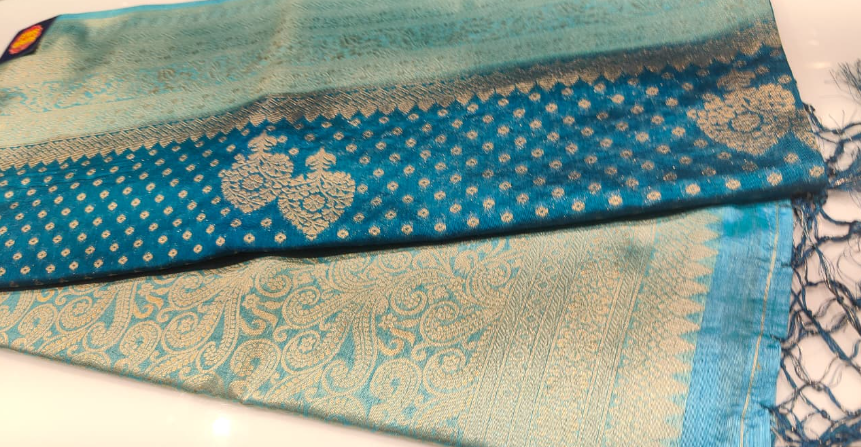 Premium Teal Blue Banarasi Saree with Gold Embroidered Pallu