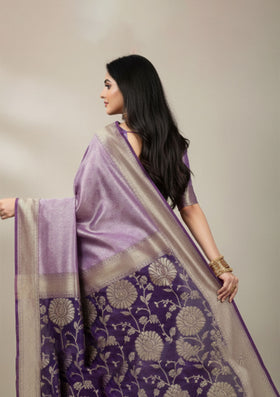 Premium Lavender Banarasi Saree with Navy Embroidered Pallu