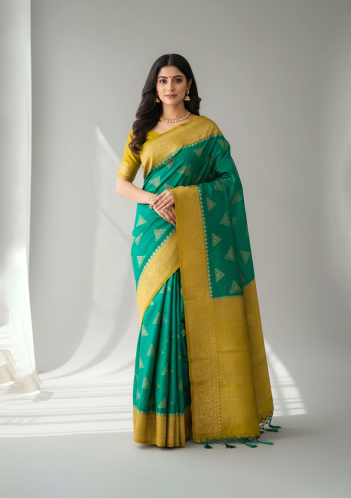 Elegant Mustard Yellow & Emerald Green Silk Saree with Golden Geometric Embroidery