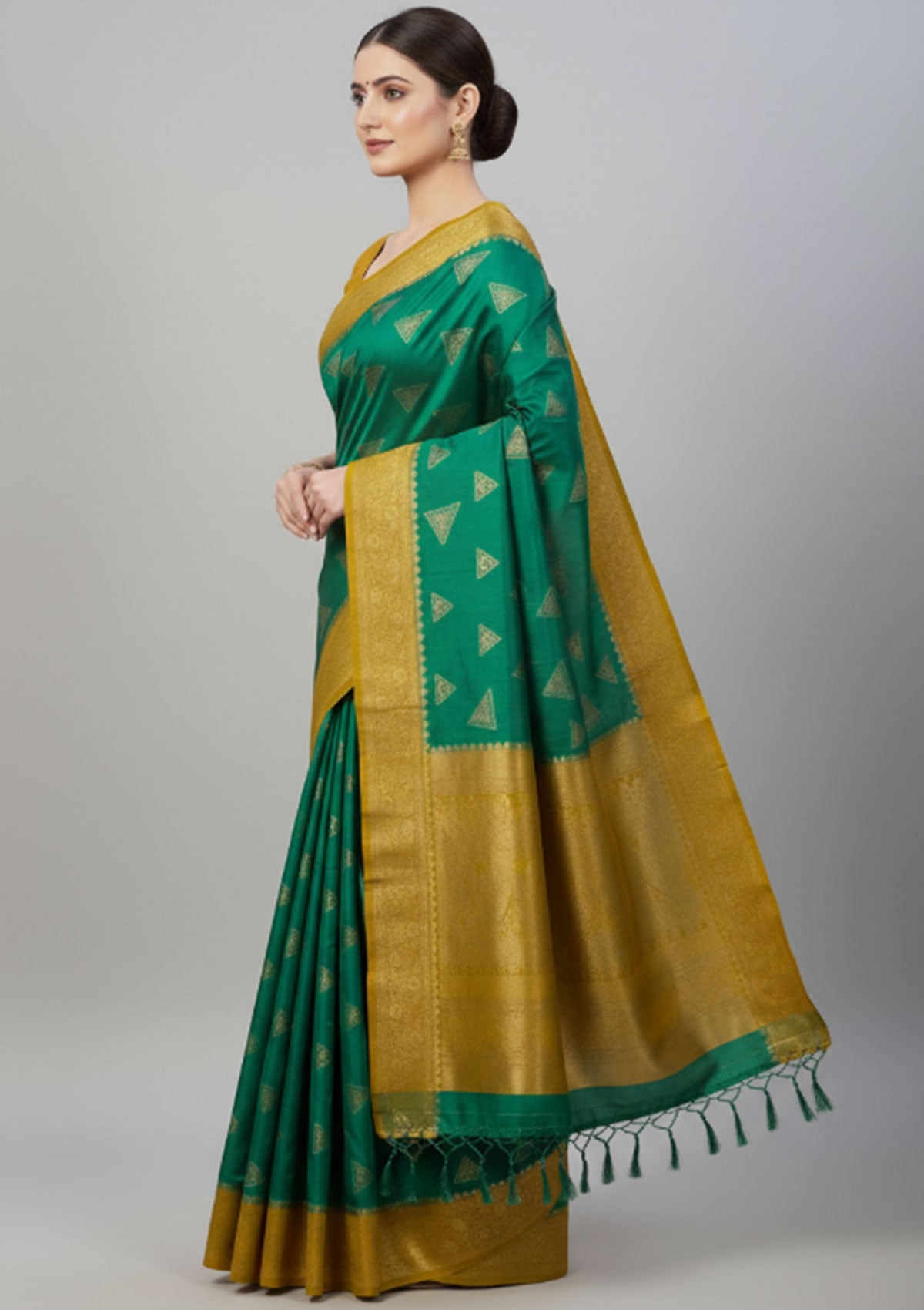 Elegant Mustard Yellow & Emerald Green Silk Saree with Golden Geometric Embroidery