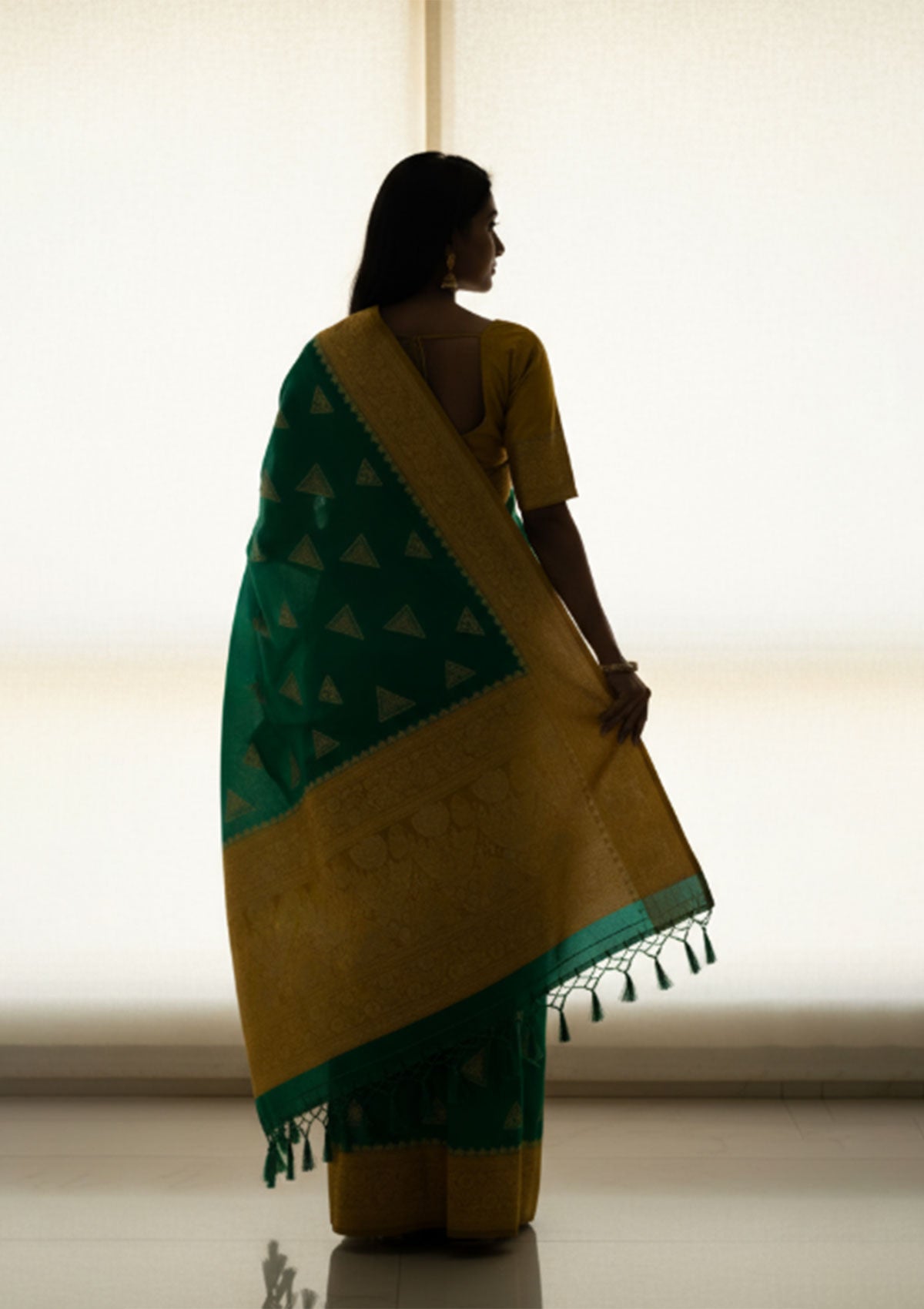 Elegant Mustard Yellow & Emerald Green Silk Saree with Golden Geometric Embroidery