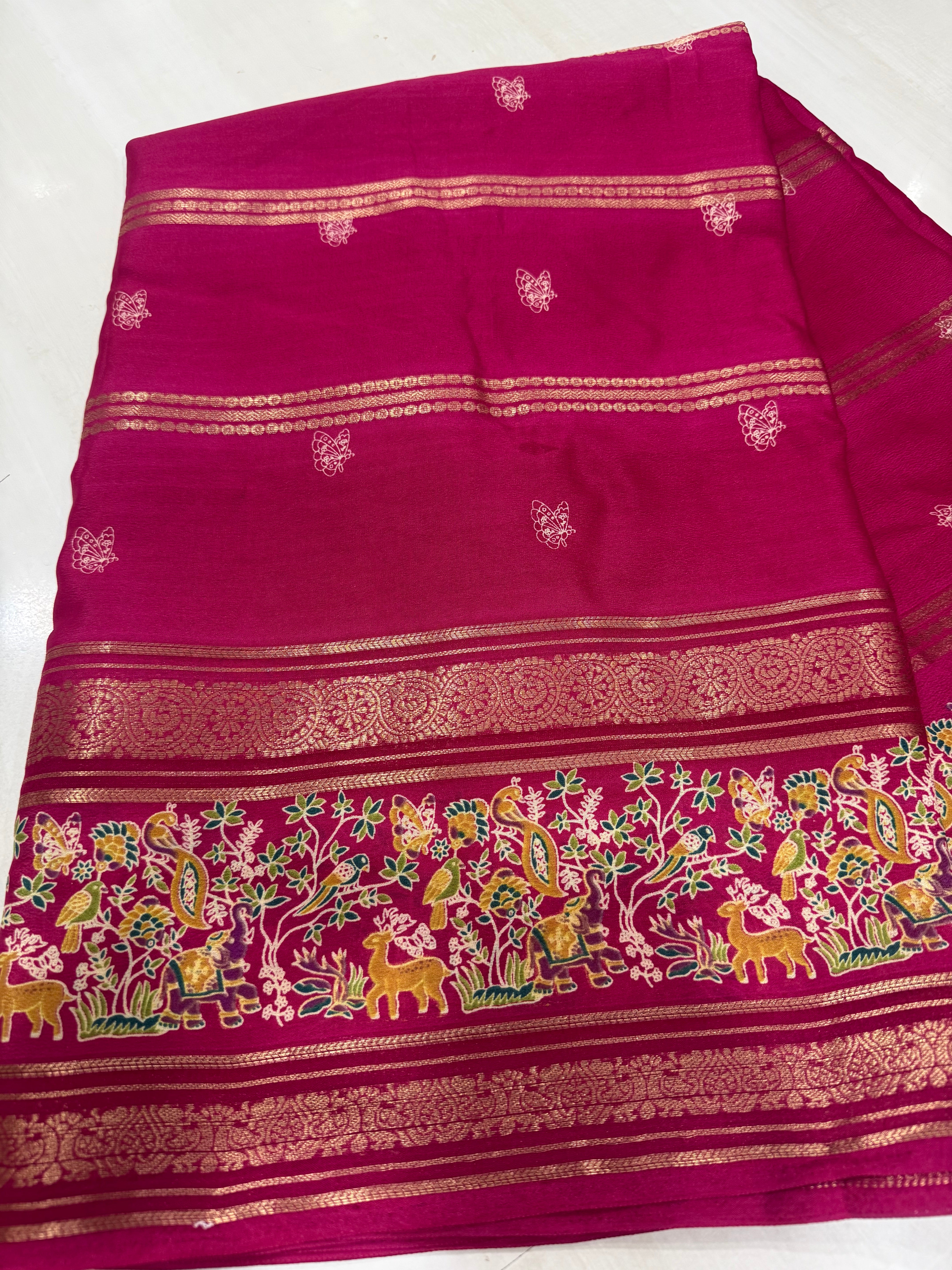 Exquisite Nature-Inspired Soft Silk Saree with Wildlife Border & Butterfly Buttas