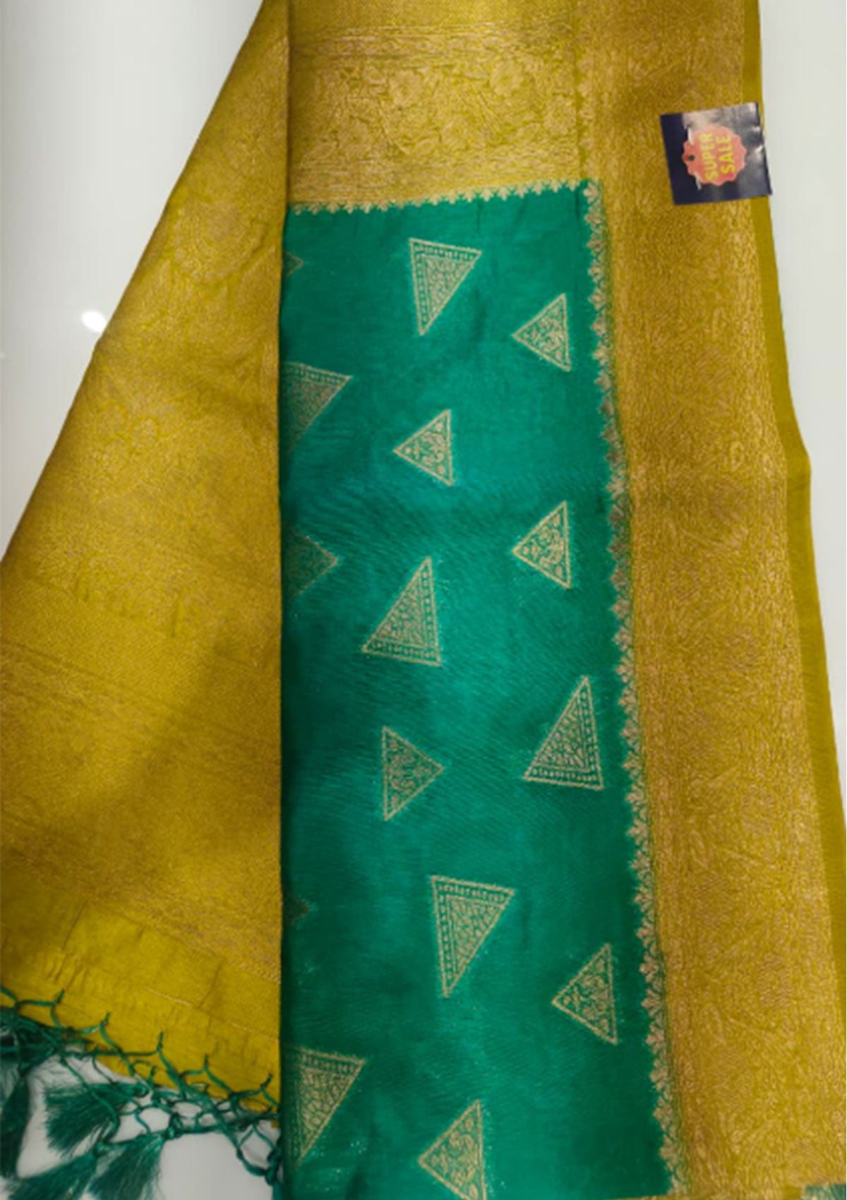 Elegant Mustard Yellow & Emerald Green Silk Saree with Golden Geometric Embroidery