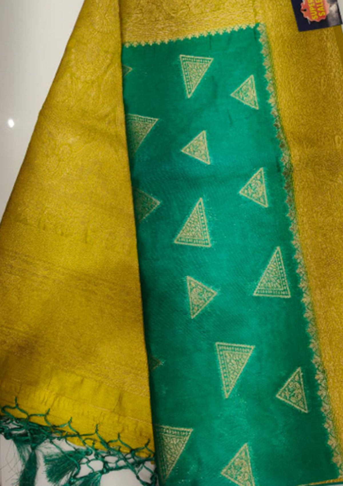 Elegant Mustard Yellow & Emerald Green Silk Saree with Golden Geometric Embroidery