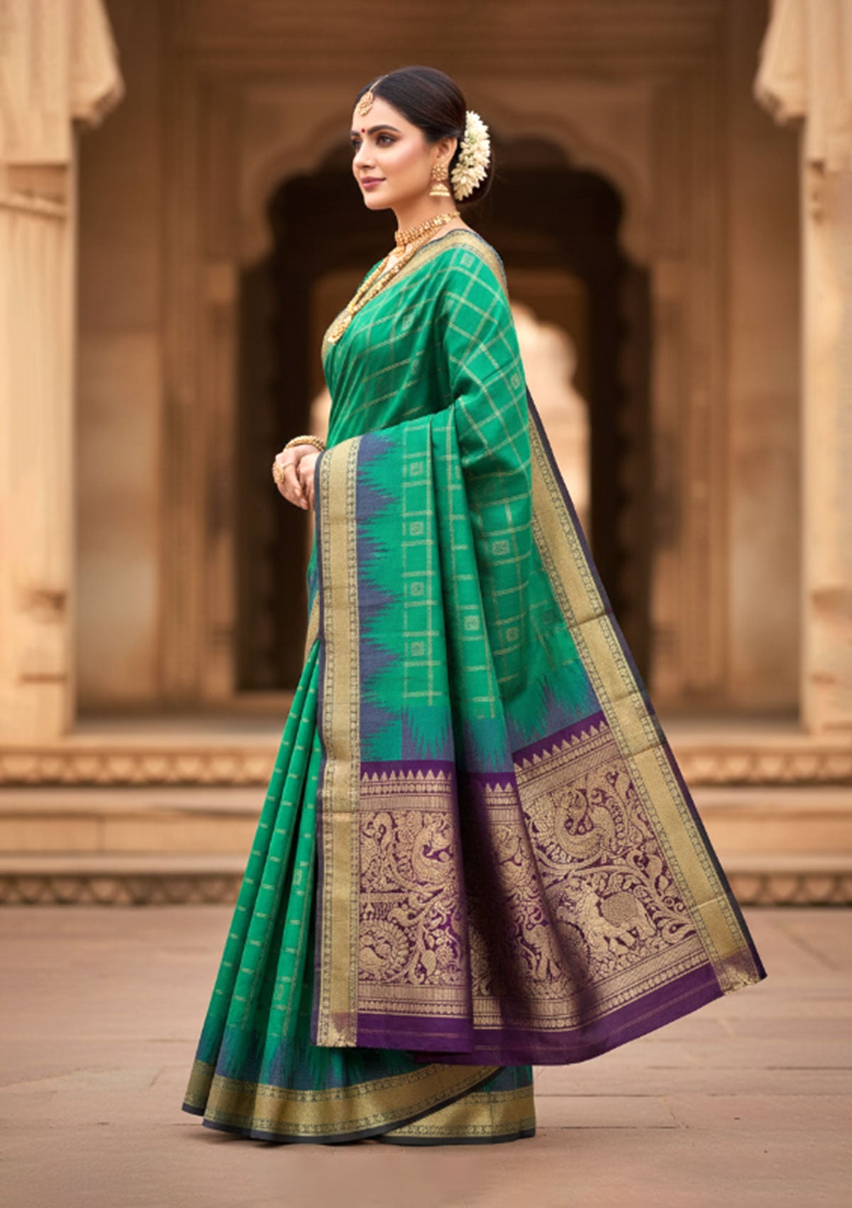 Premium Emerald Green & Deep Purple Silk Saree