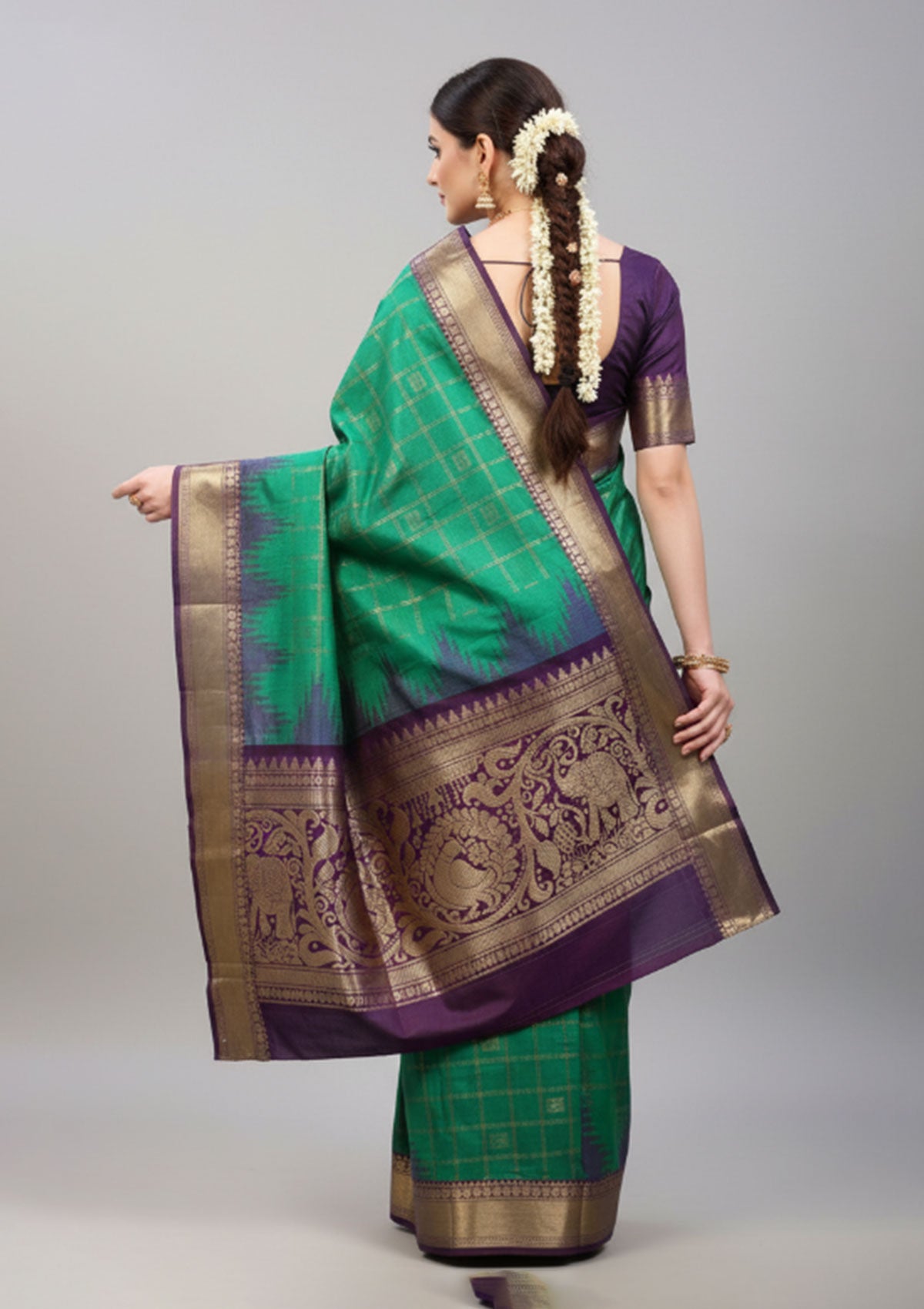 Premium Emerald Green & Deep Purple Silk Saree