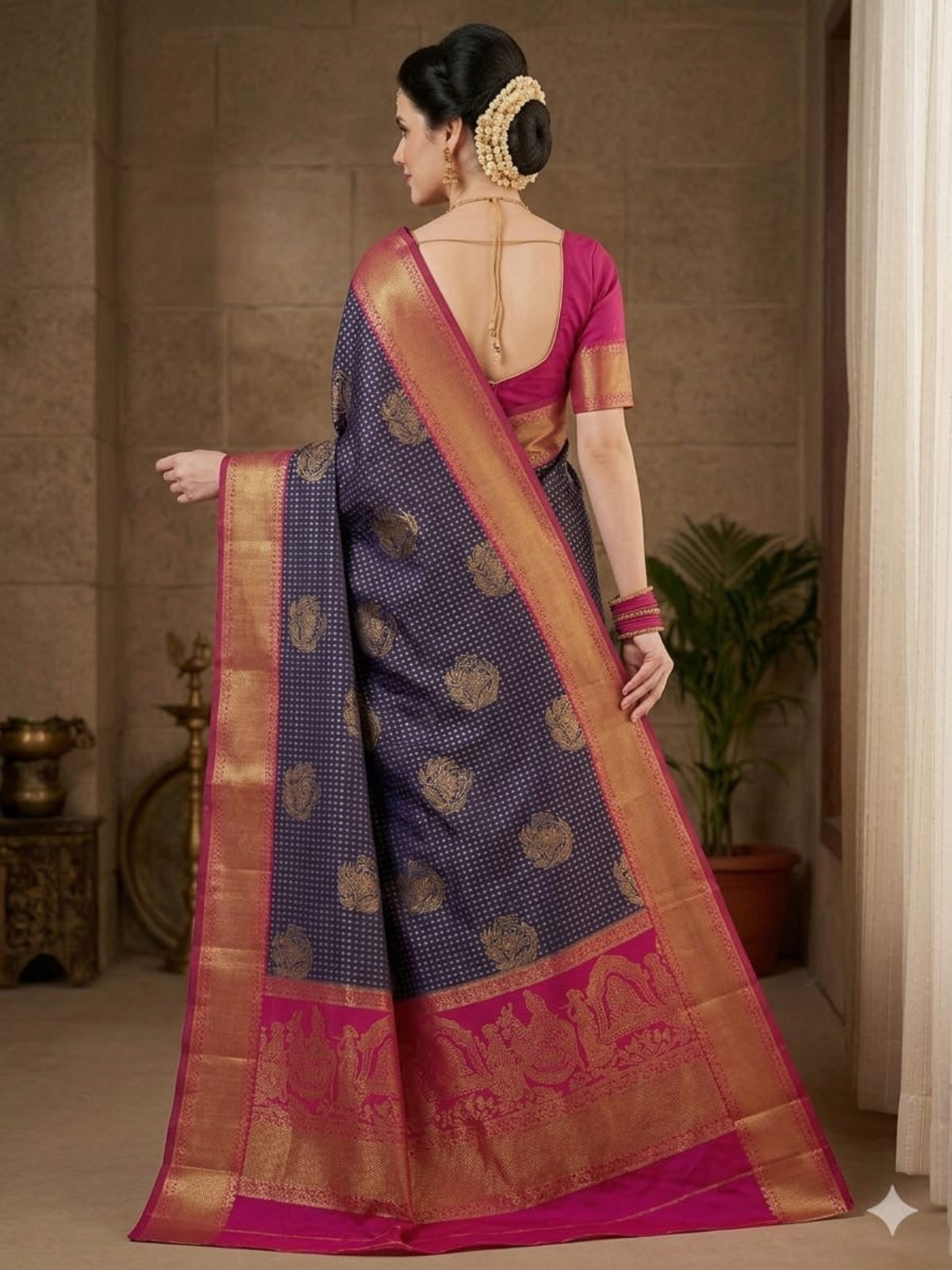 Fuchsia & Teal Heritage Silk Saree with Mythological Border
 - D00033