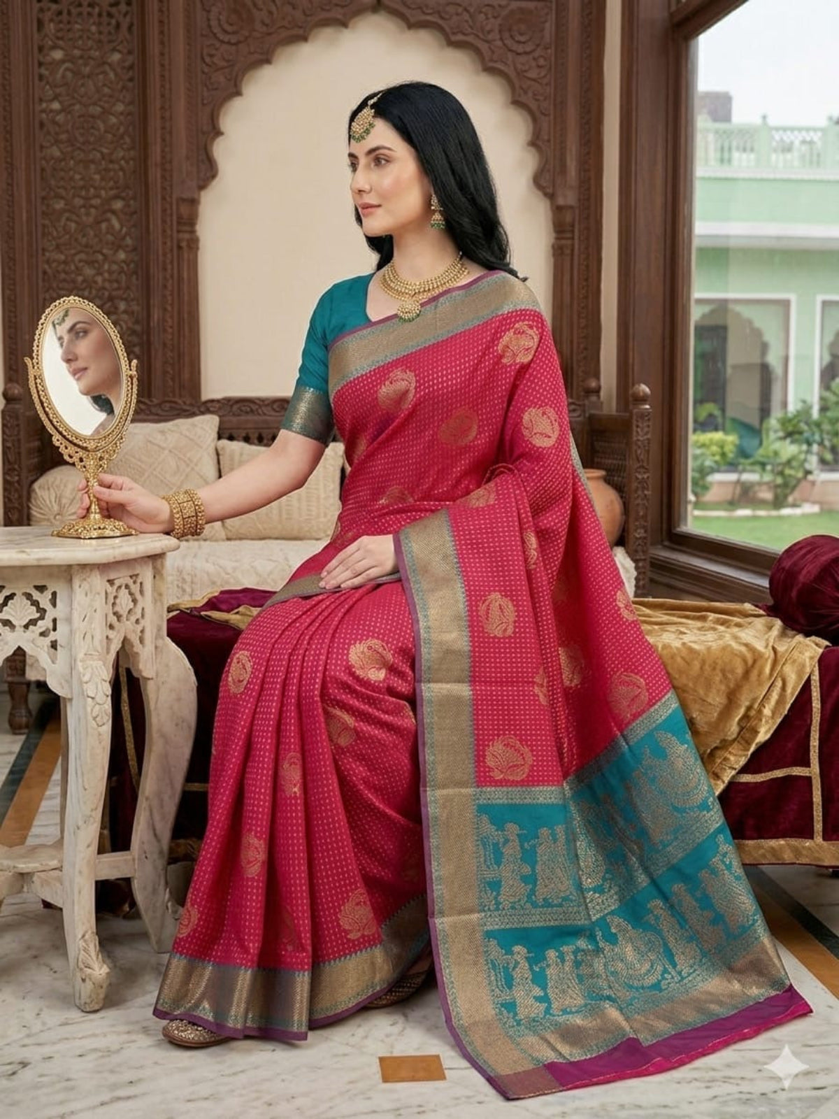 Fuchsia & Teal Heritage Silk Saree with Mythological Border
 - D00031