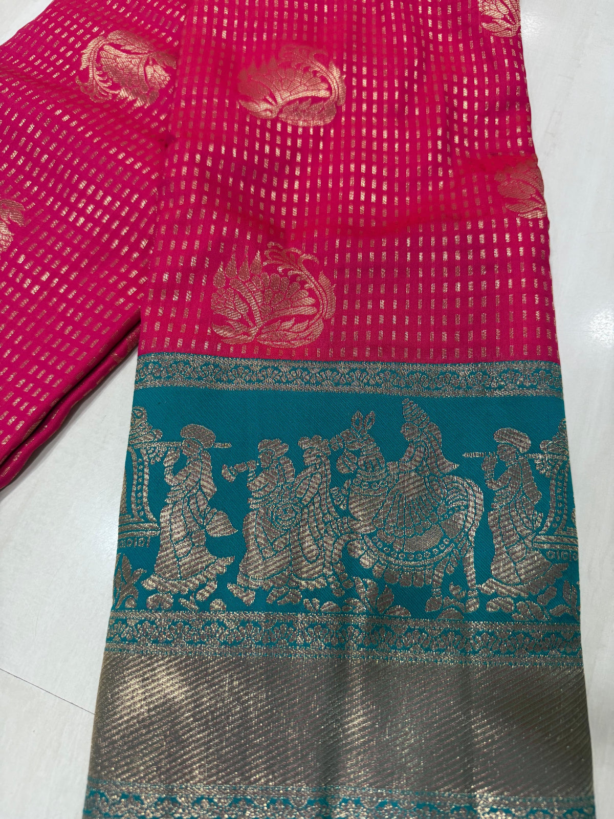 Fuchsia & Teal Heritage Silk Saree with Mythological Border
 - D00031