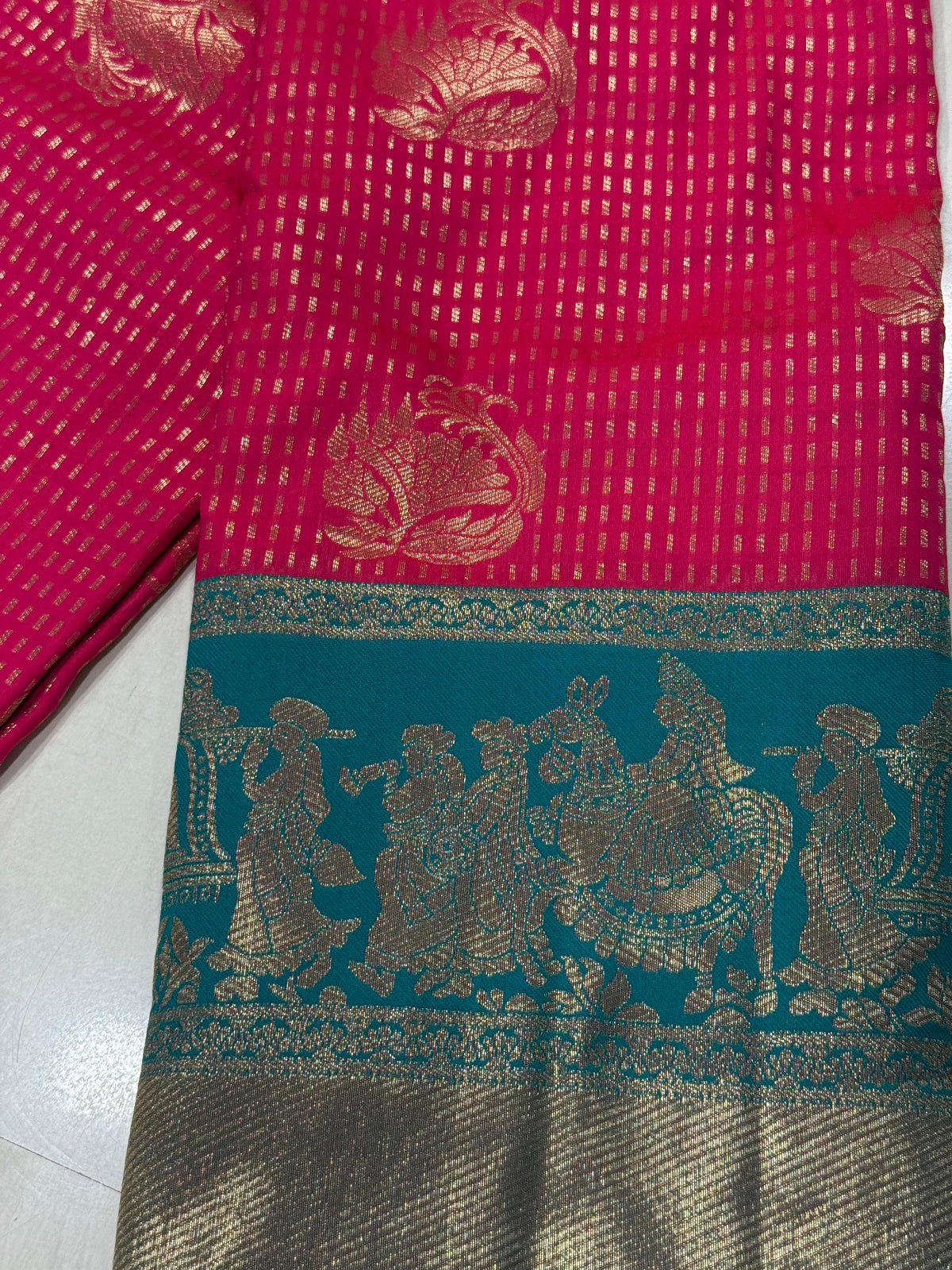 Fuchsia & Teal Heritage Silk Saree with Mythological Border
 - D00031