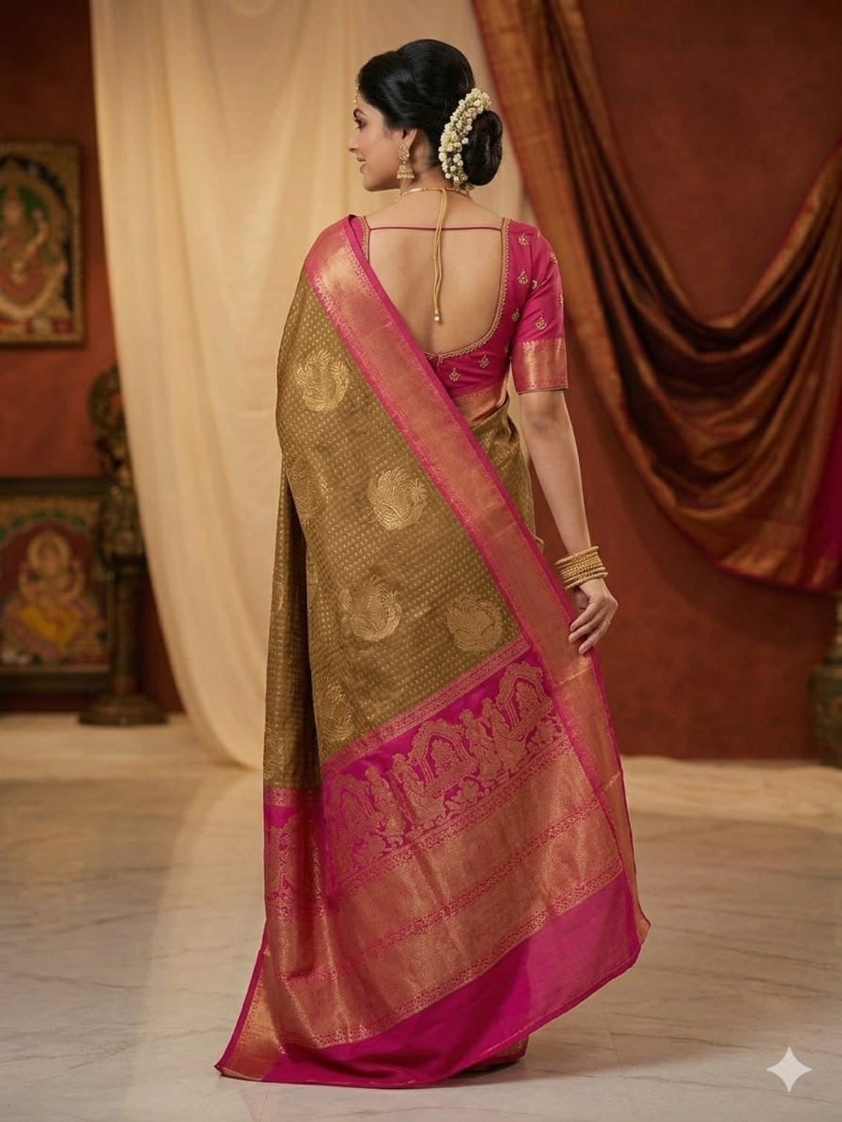 Fuchsia & Teal Heritage Silk Saree with Mythological Border
 - D00034