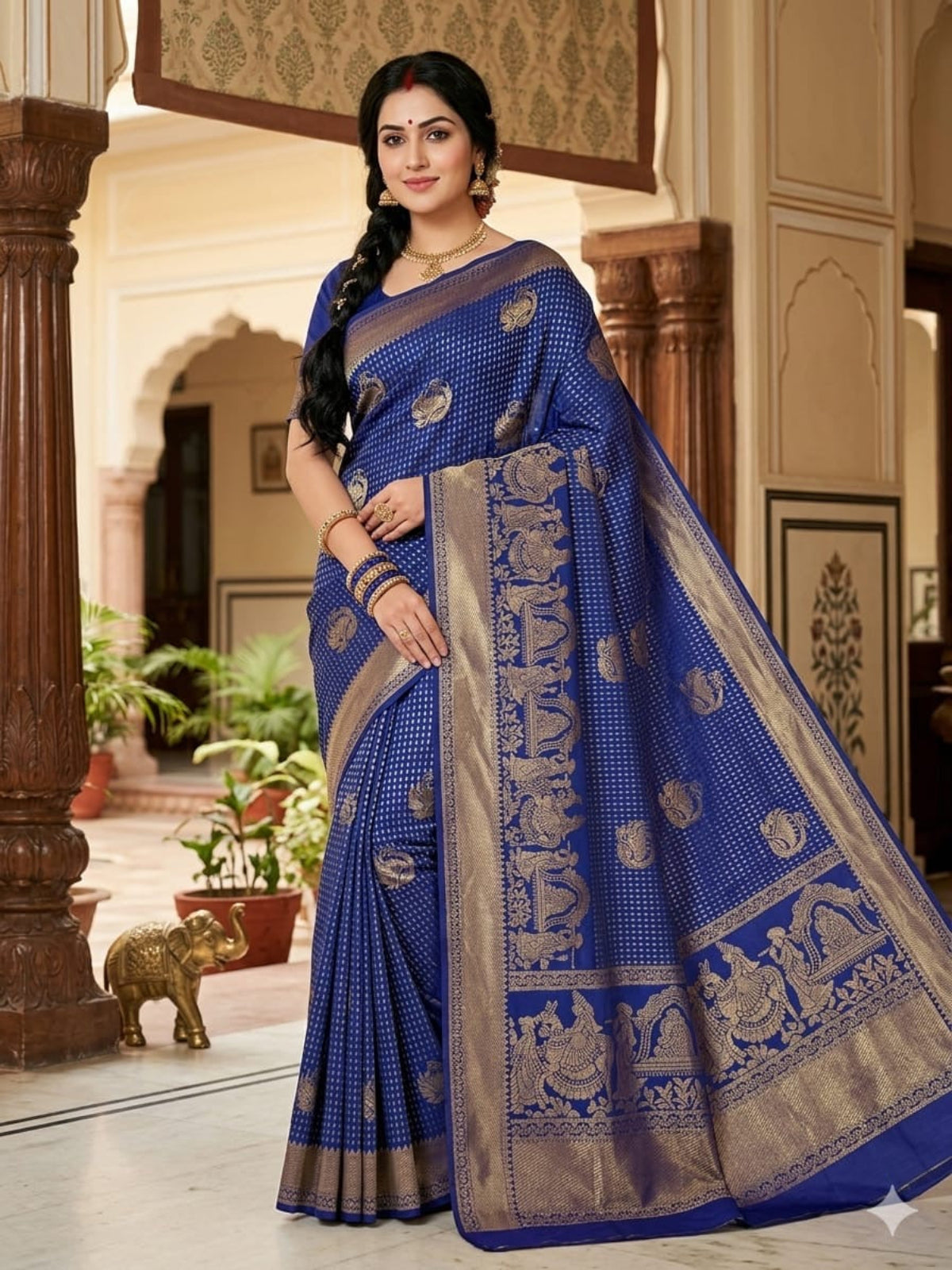 Fuchsia & Teal Heritage Silk Saree with Mythological Border
 - D00035