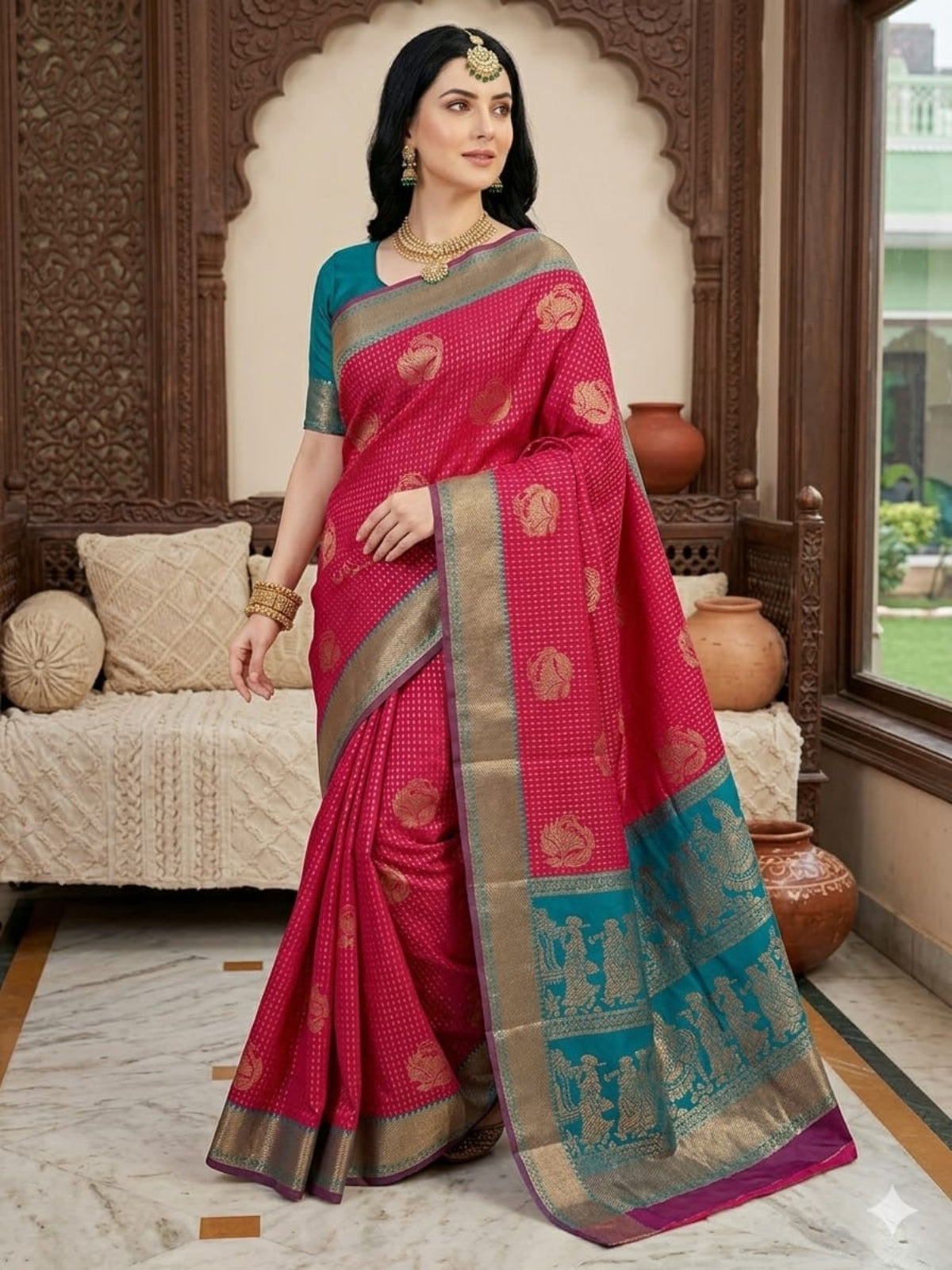 Fuchsia & Teal Heritage Silk Saree with Mythological Border
 - D00031