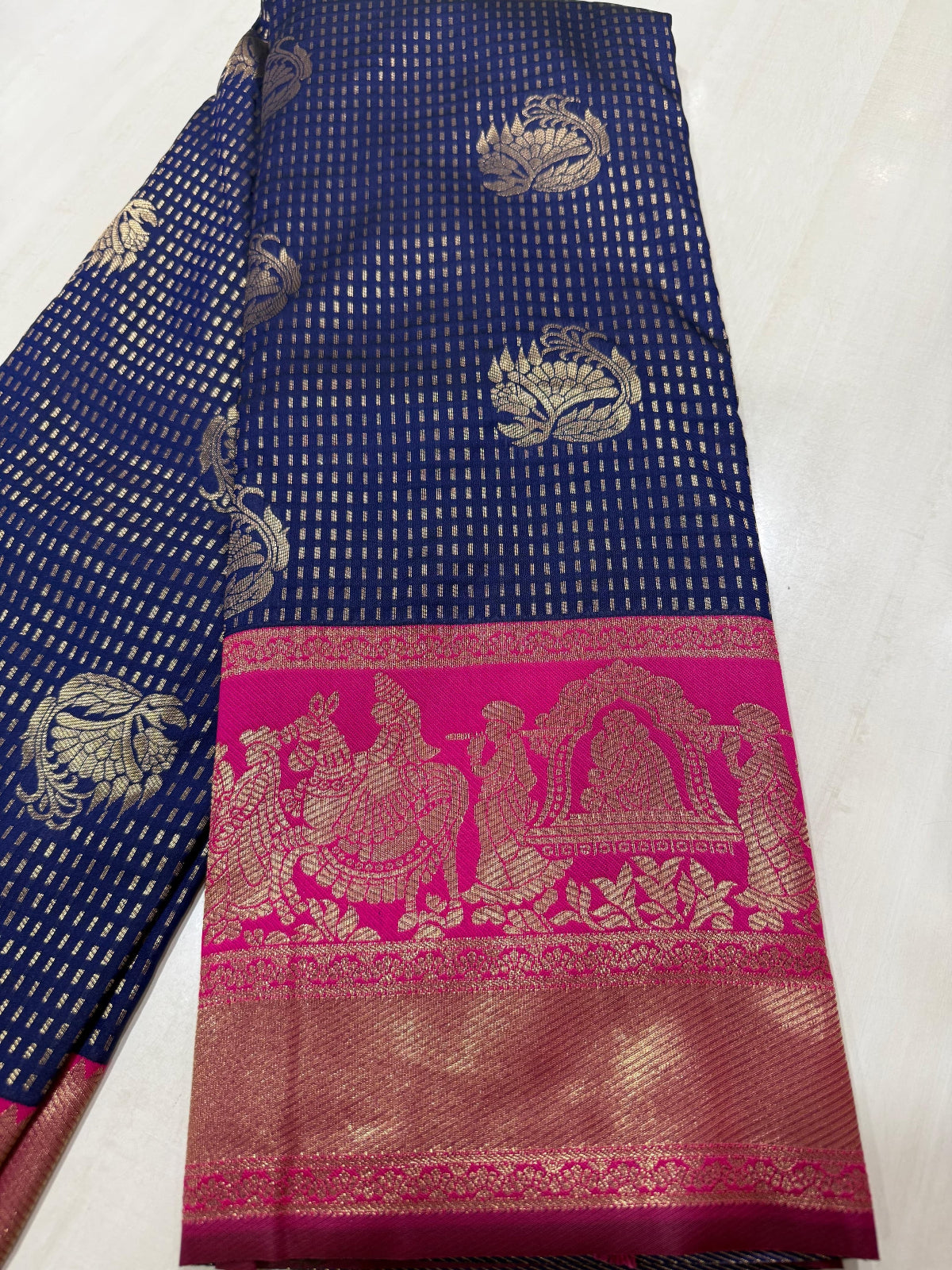 Fuchsia & Teal Heritage Silk Saree with Mythological Border
 - D00033
