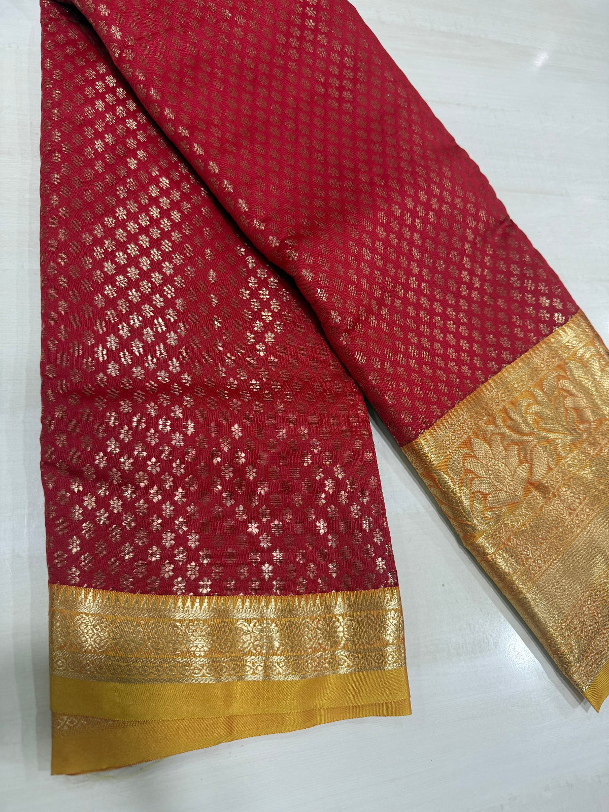 Red and gold soft silk semi pattu - D00052