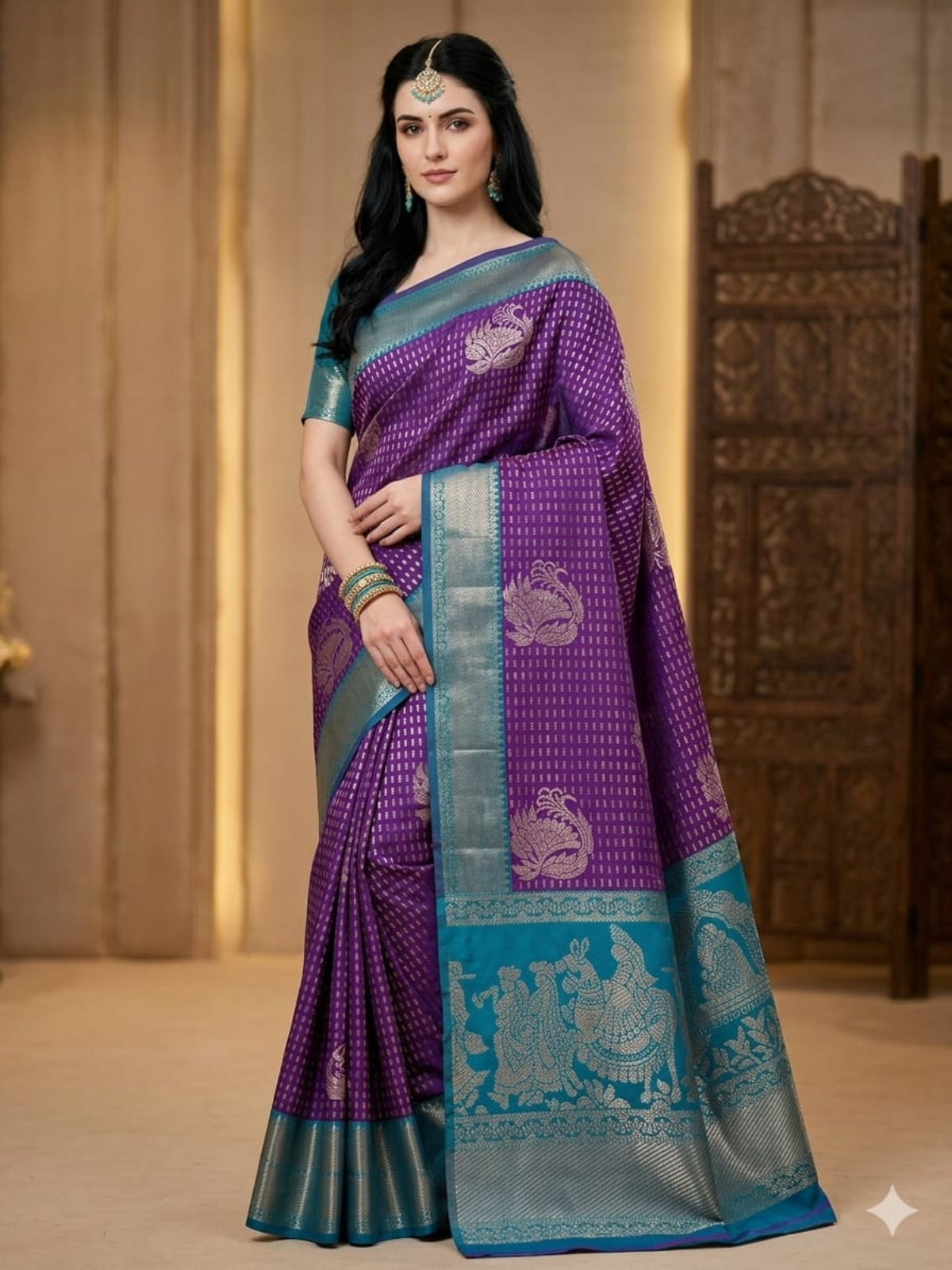 Fuchsia & Teal Heritage Silk Saree with Mythological Border
 - D00032