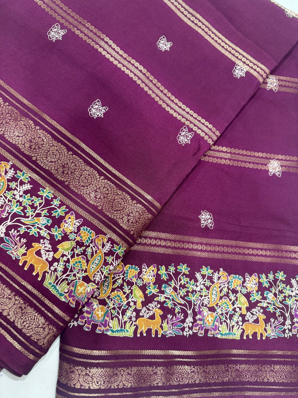 Exquisite Nature-Inspired Soft Silk Saree with Wildlife Border & Butterfly Buttas