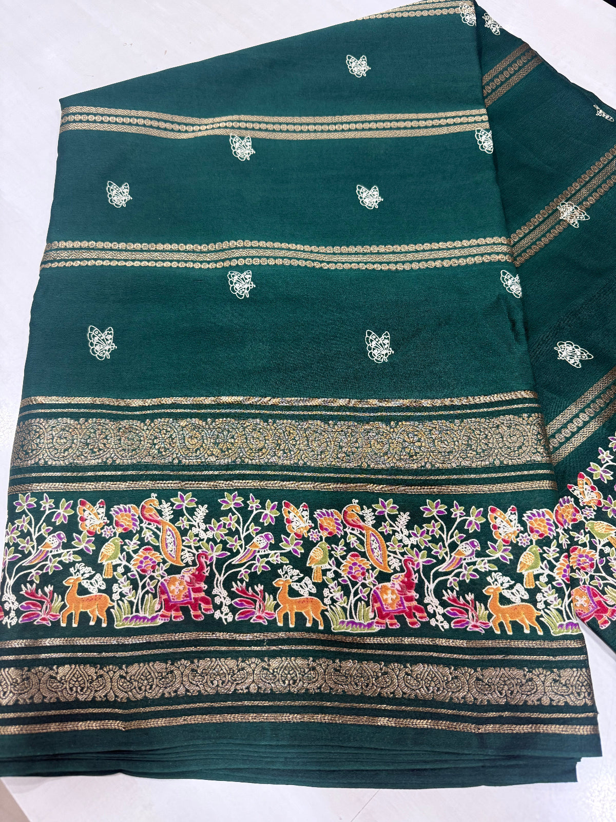 Exquisite Nature-Inspired Soft Silk Saree with Wildlife Border & Butterfly Buttas