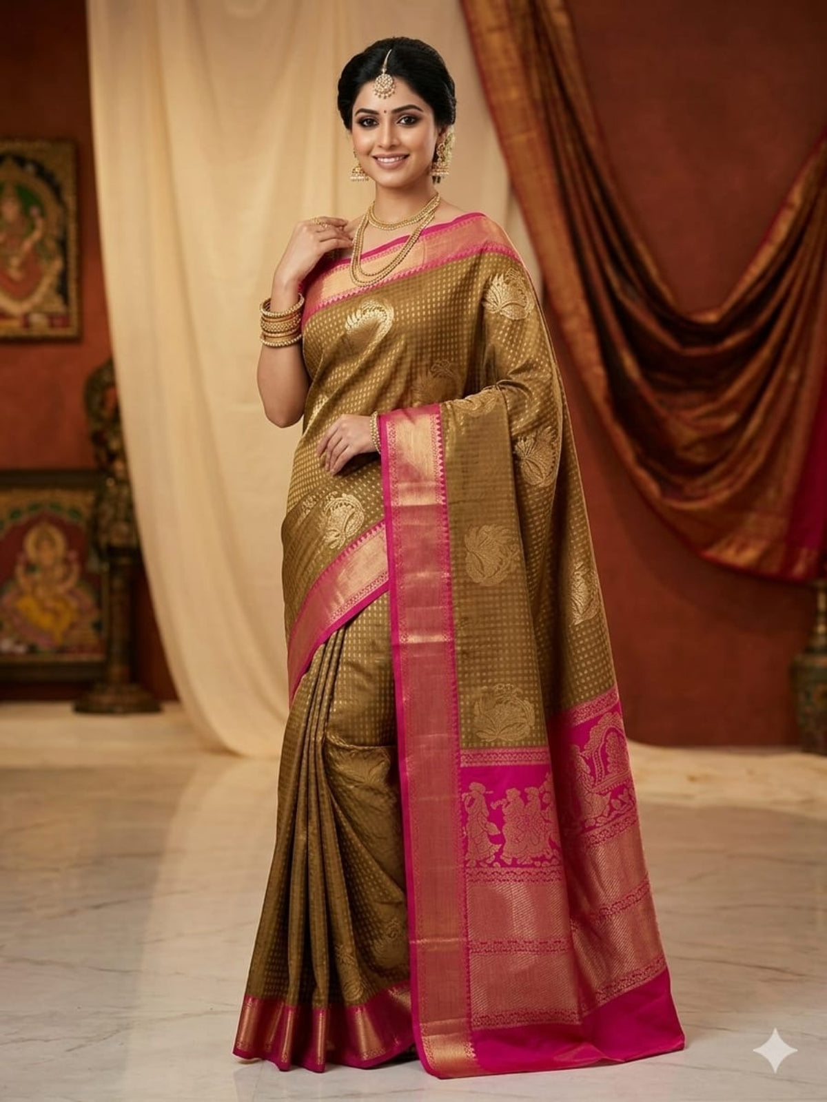 Fuchsia & Teal Heritage Silk Saree with Mythological Border
 - D00034