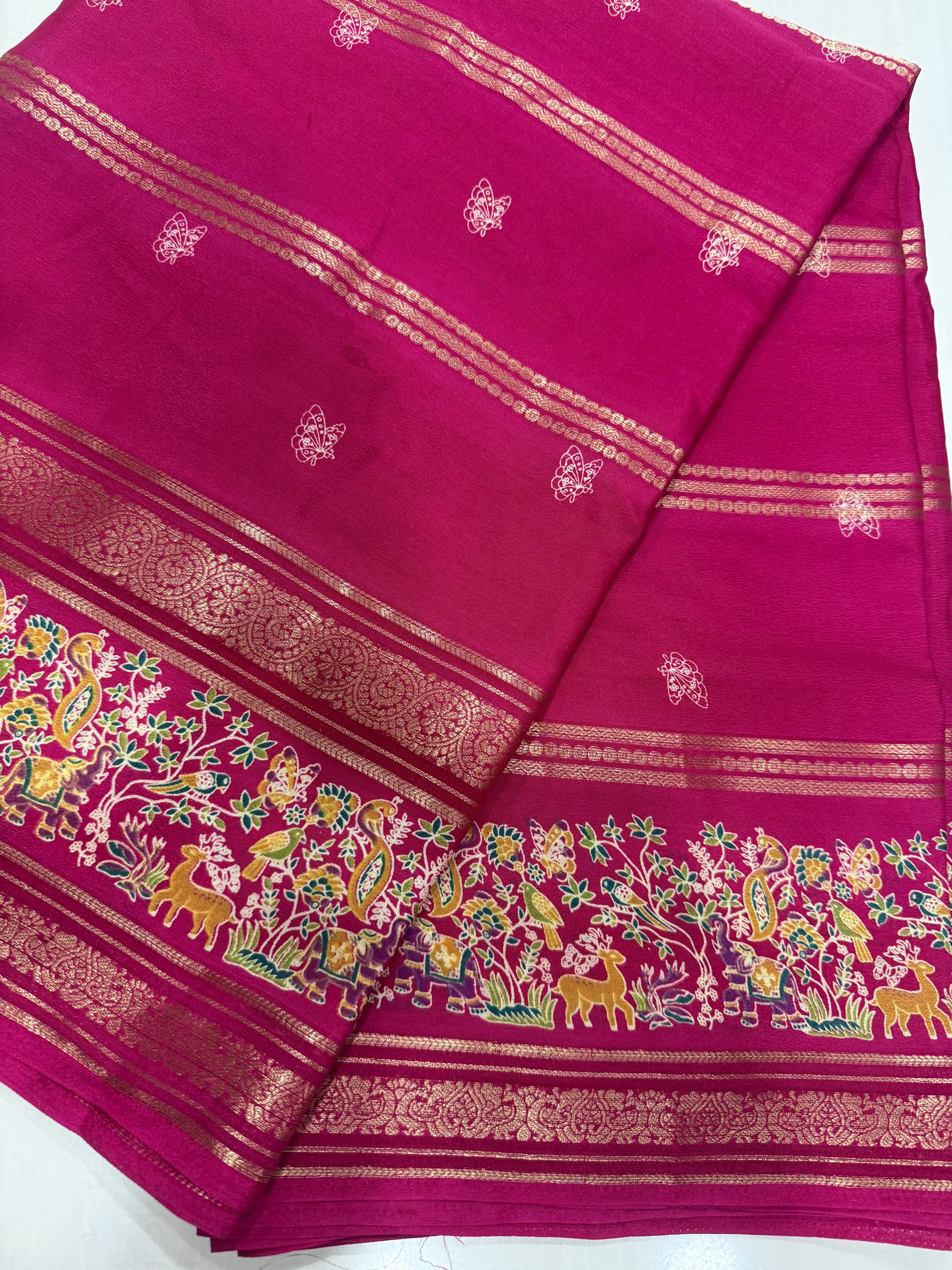Exquisite Nature-Inspired Soft Silk Saree with Wildlife Border & Butterfly Buttas