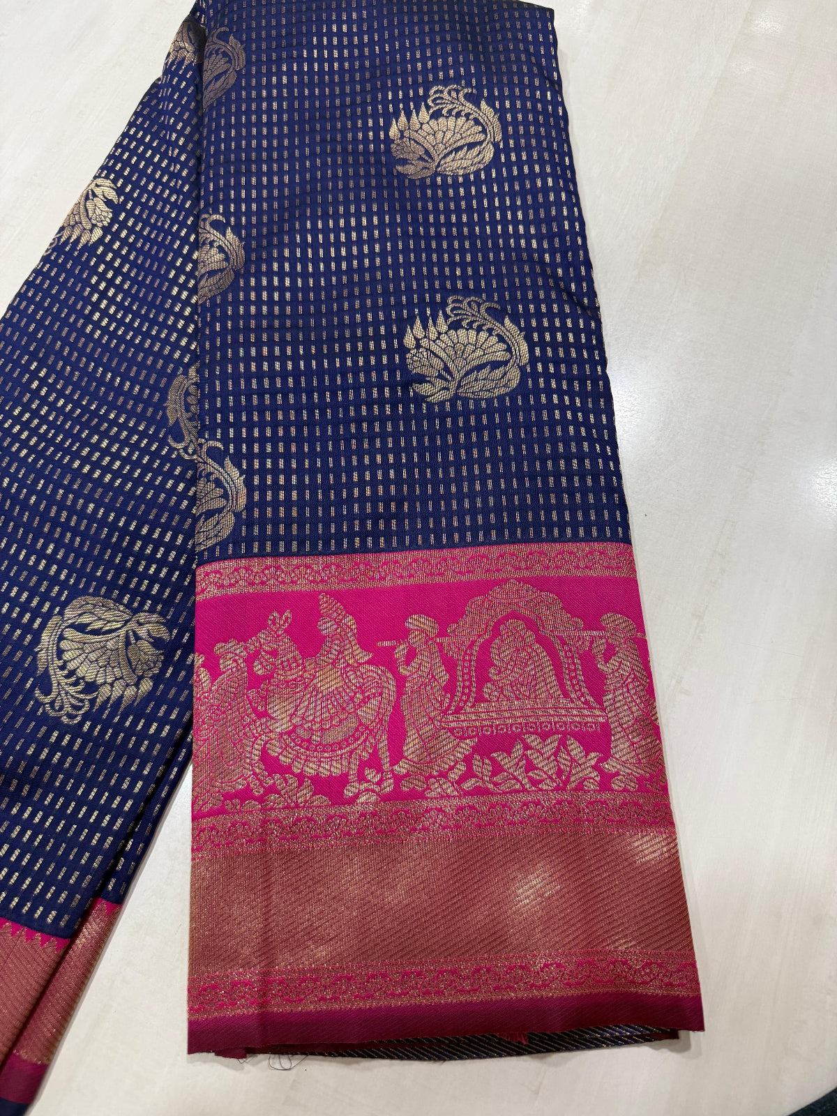 Fuchsia & Teal Heritage Silk Saree with Mythological Border
 - D00033