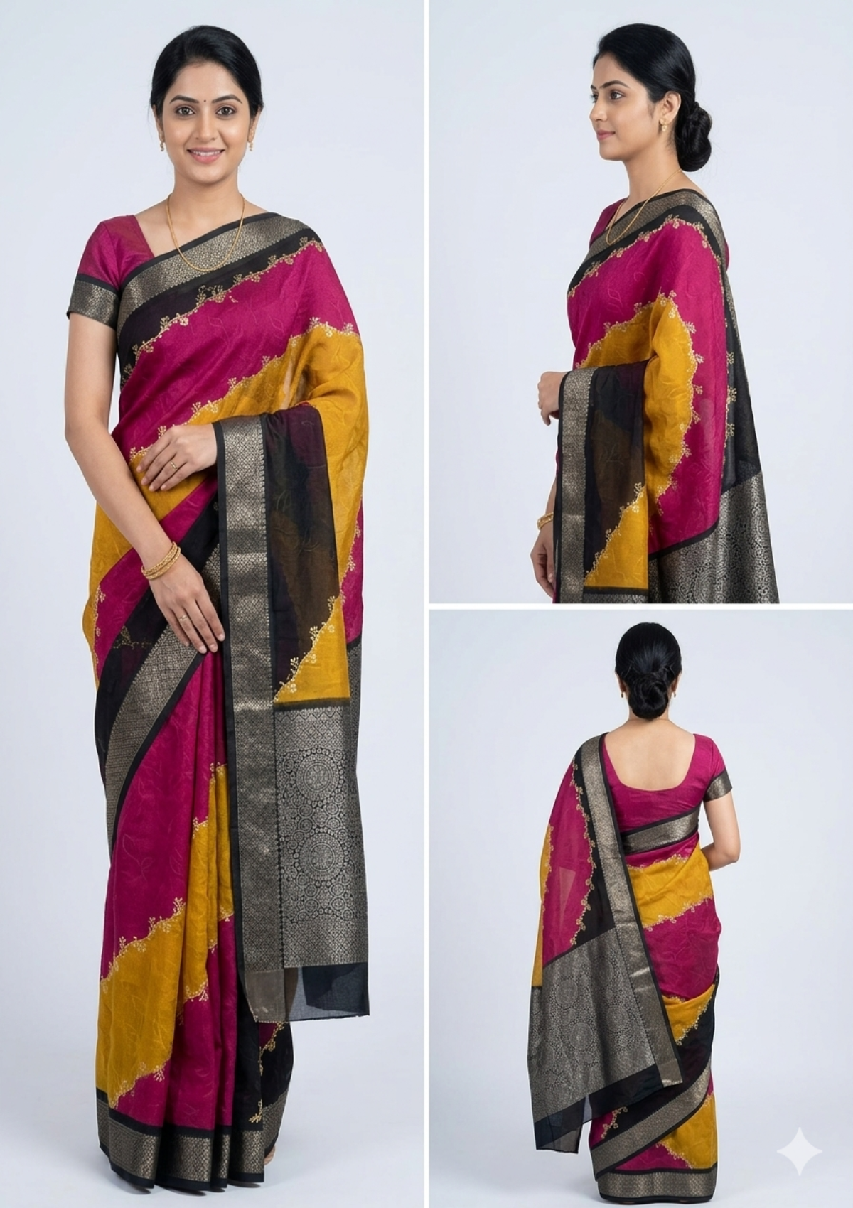 Tri-Tone Color-Block Chiffon Saree with Zari Weave Border & Floral Scalloped Accents - D00054