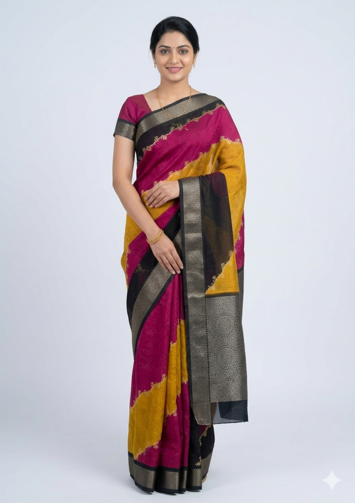 Tri-Tone Color-Block Chiffon Saree with Zari Weave Border & Floral Scalloped Accents - D00054