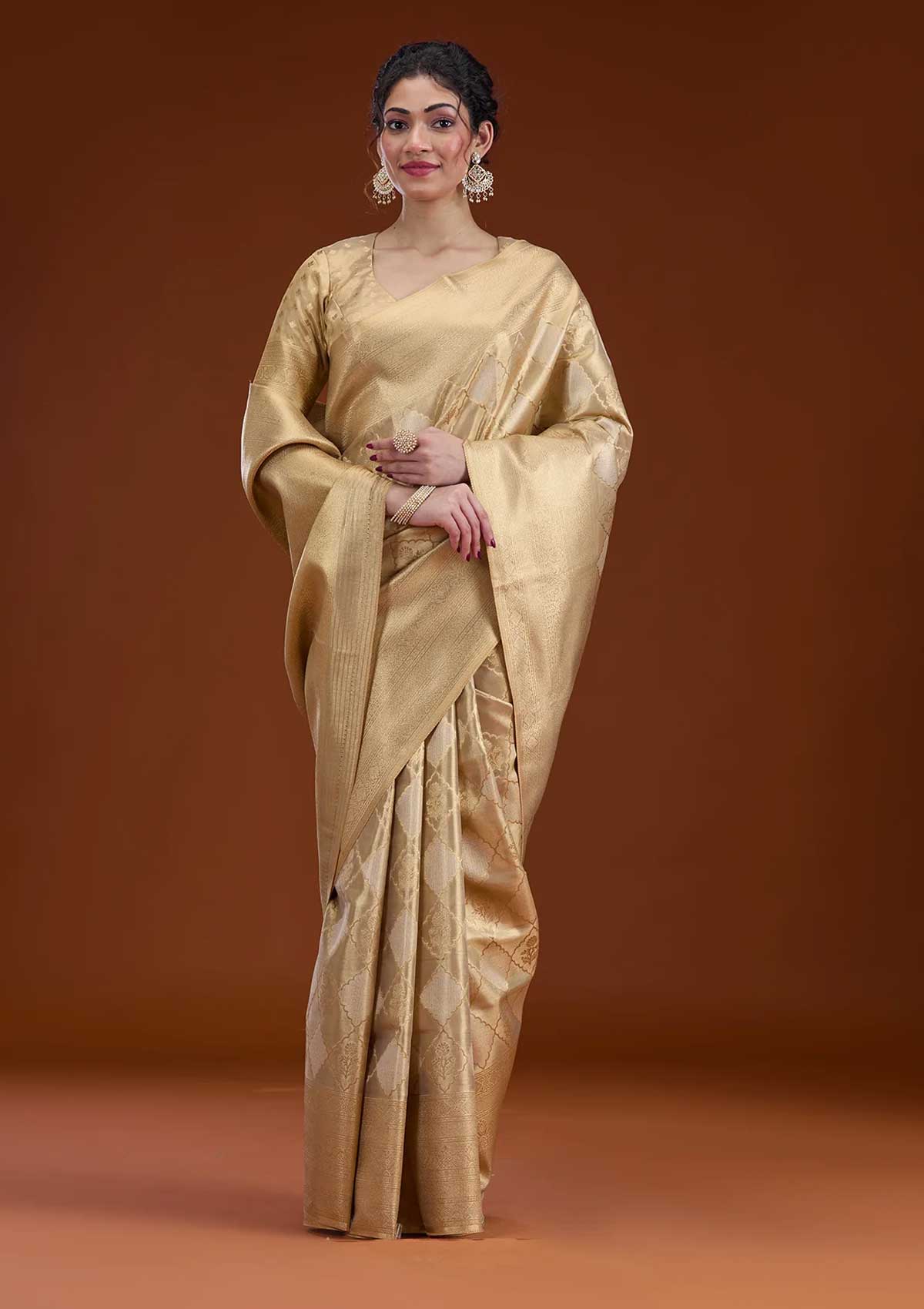 Beige Zariwork Tissue Banarasi Saree