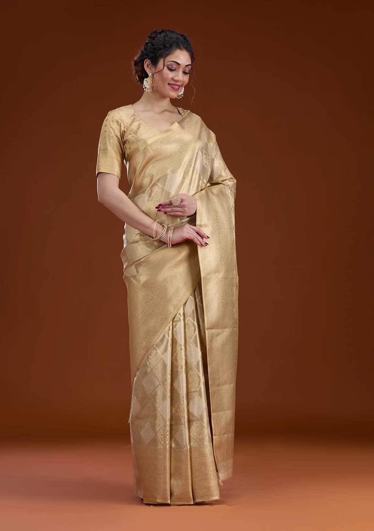 Beige Zariwork Tissue Banarasi Saree