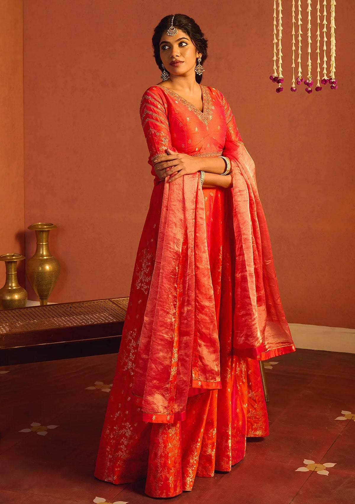 Sunset Orange Banarasi Silk Lehenga Set