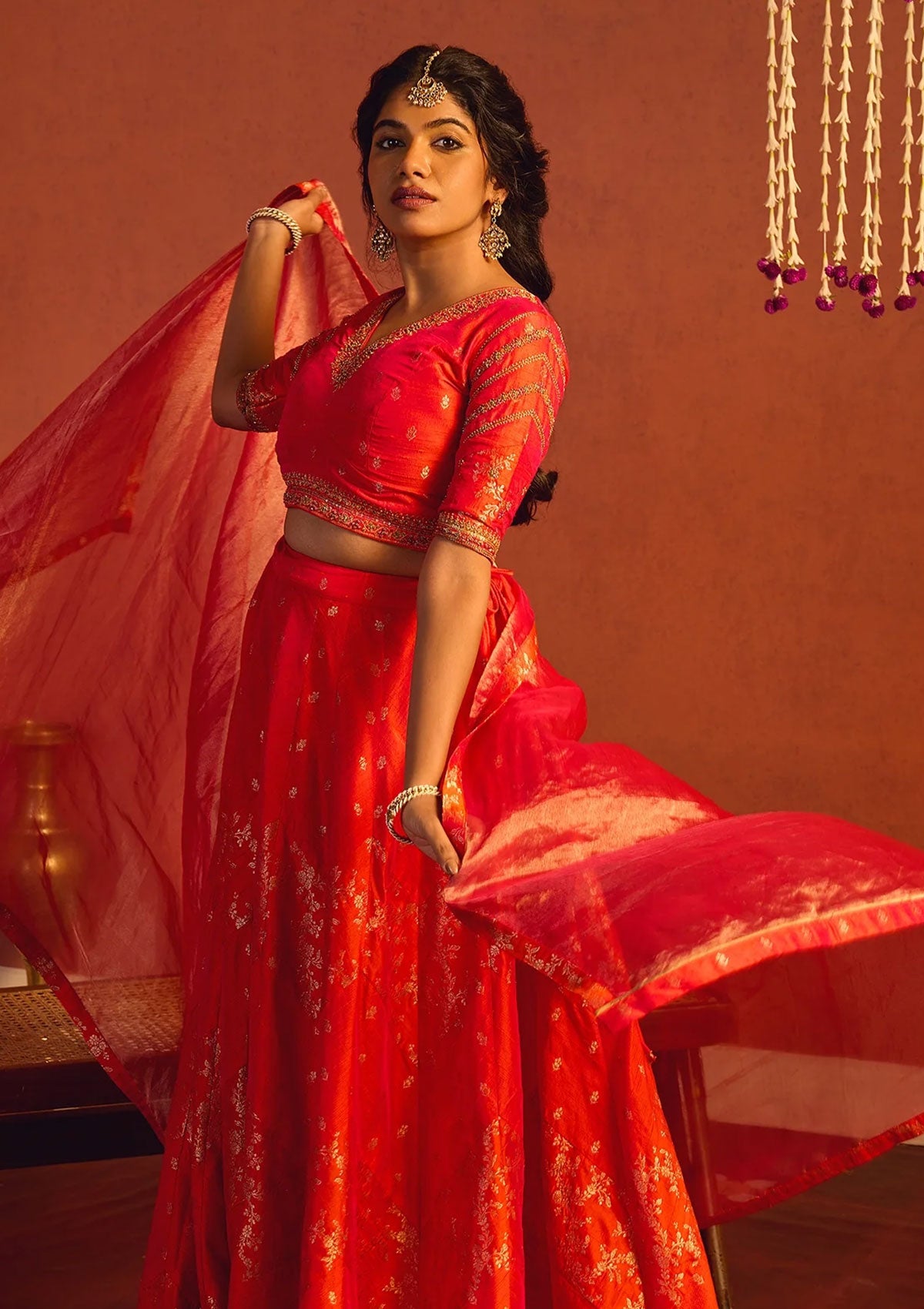 Sunset Orange Banarasi Silk Lehenga Set