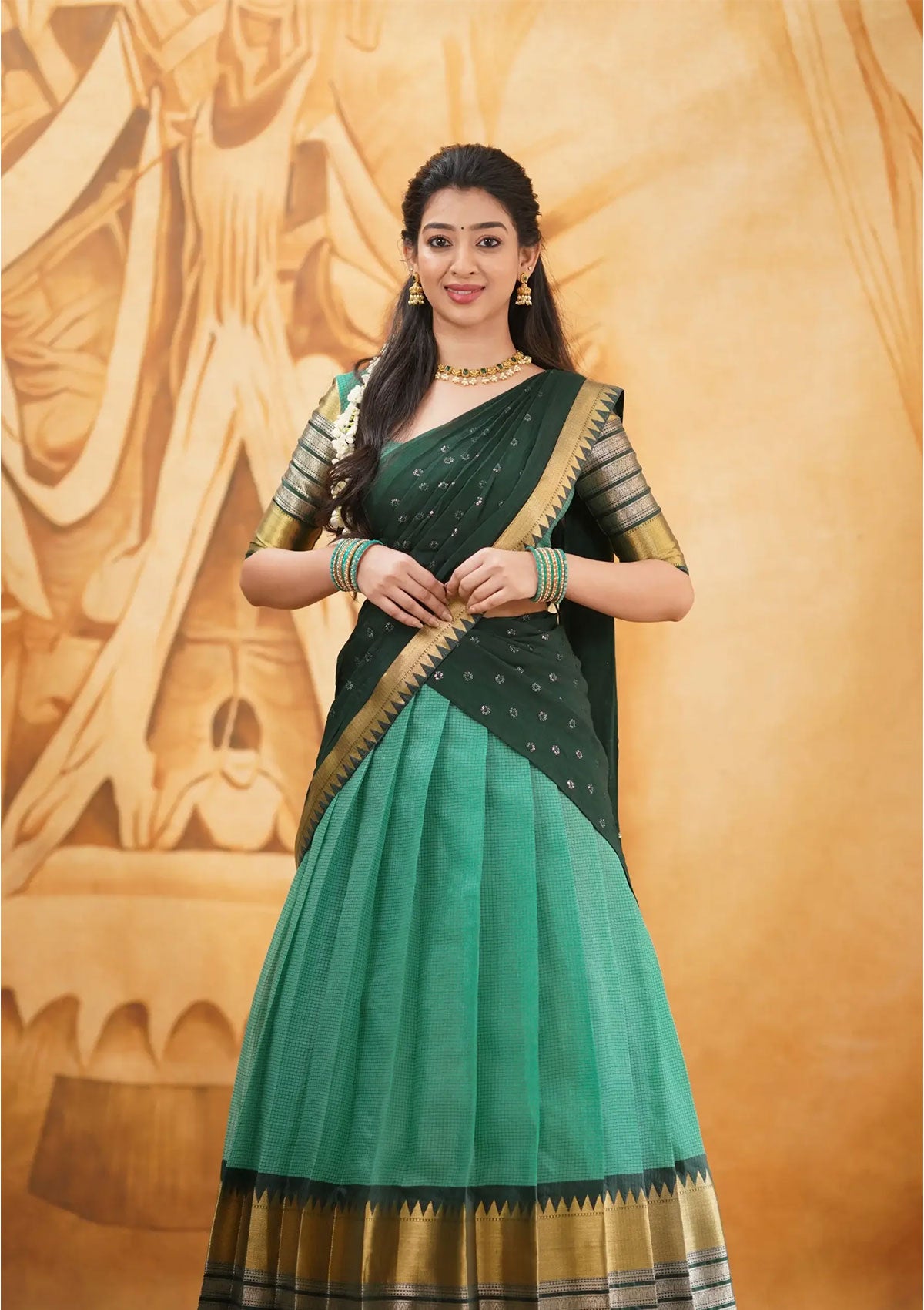 Izhaiyini - Shade of Teal Green and Dark Green tone Organza Halfsaree