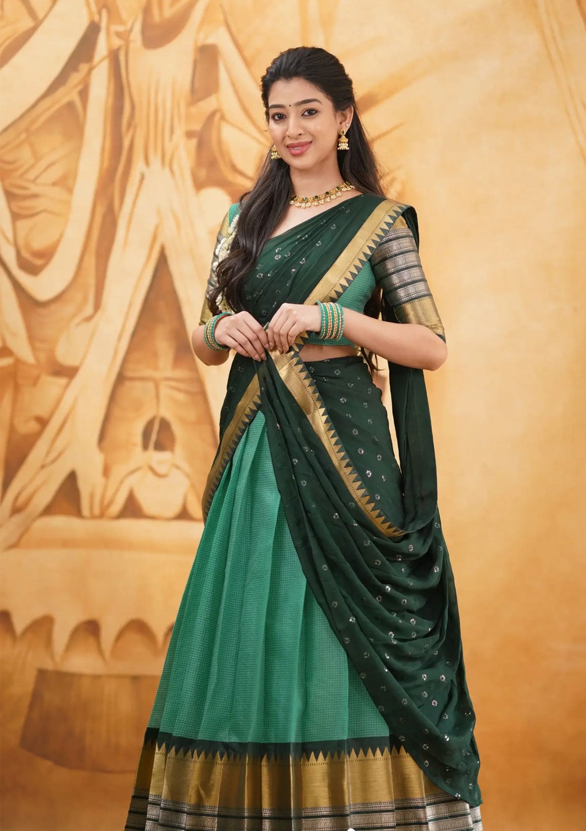 Izhaiyini - Shade of Teal Green and Dark Green tone Organza Halfsaree