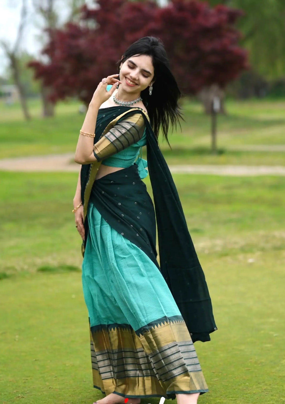 Izhaiyini - Shade of Teal Green and Dark Green tone Organza Halfsaree