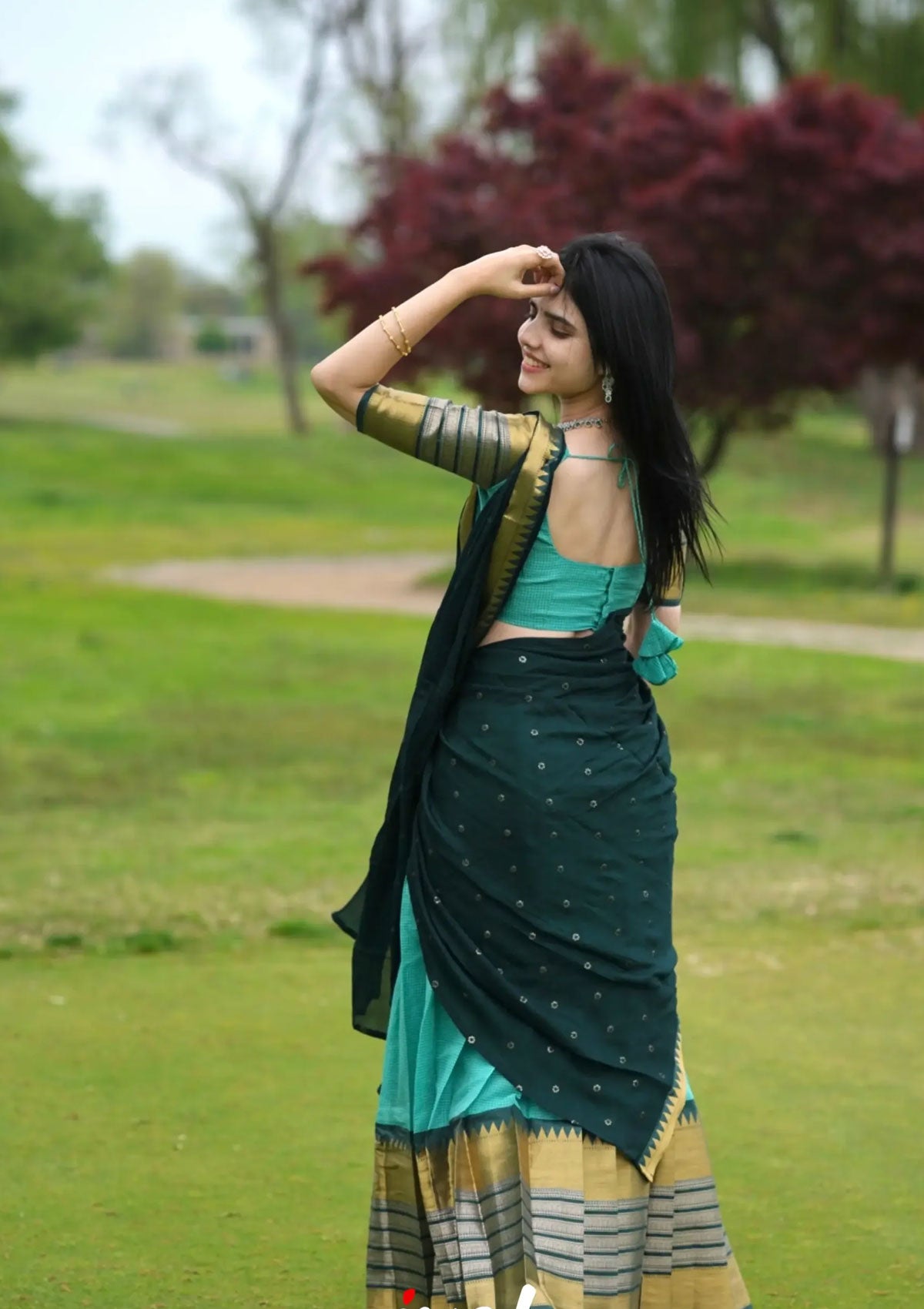 Izhaiyini - Shade of Teal Green and Dark Green tone Organza Halfsaree