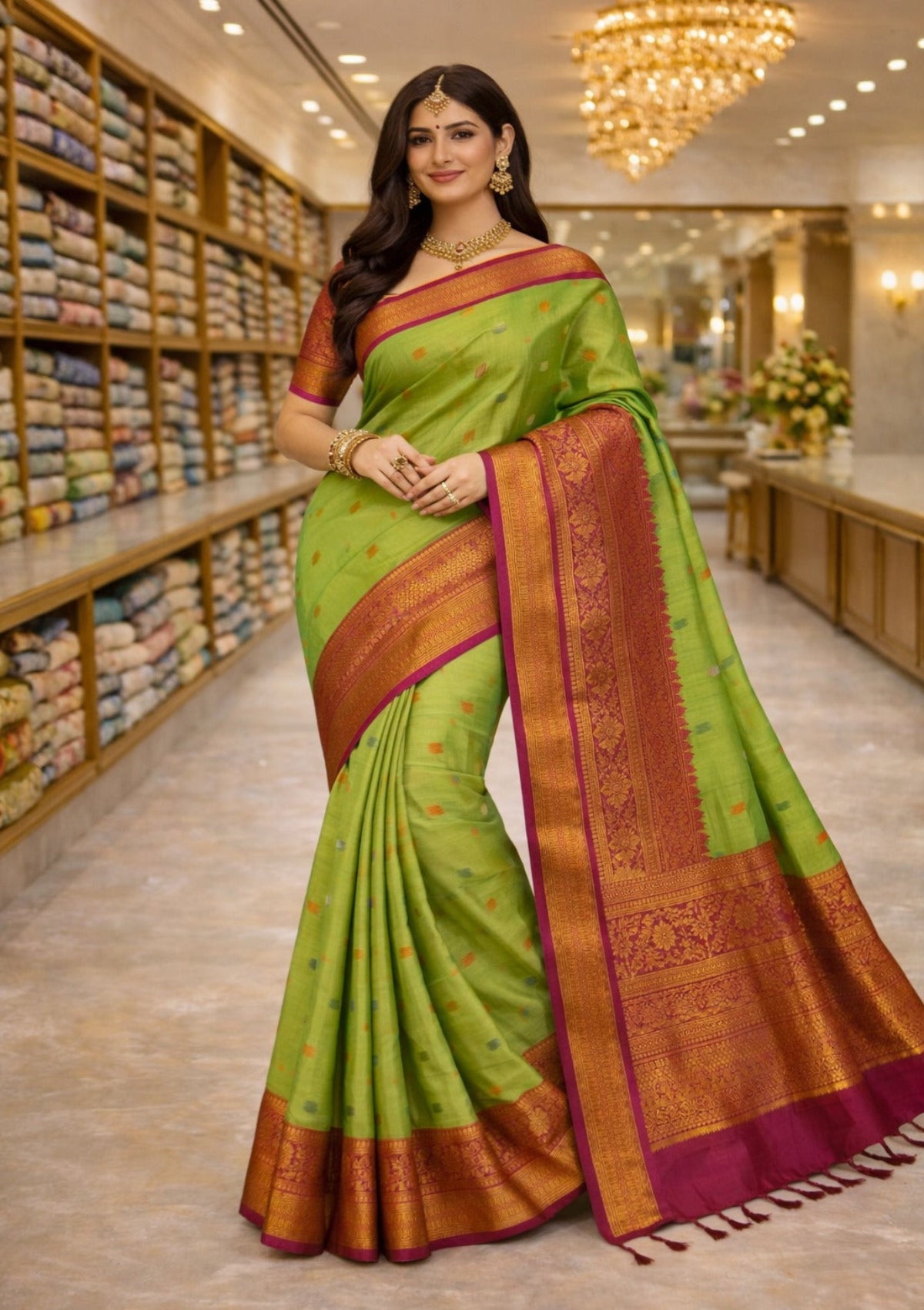 Traditional Parrot Green Banaras Saree with Grand Copper Zari Pallu & Contrast Border - D00021