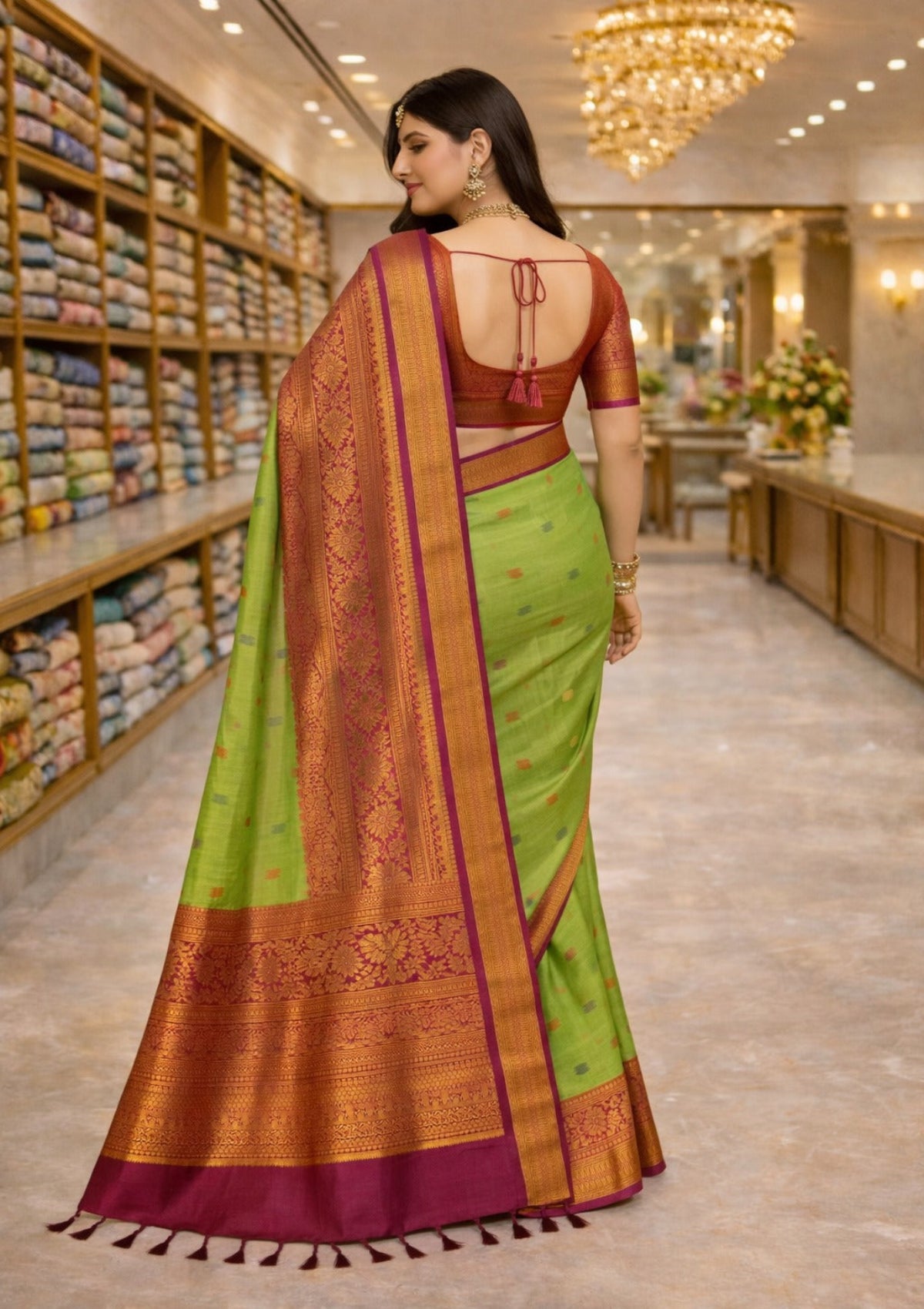 Traditional Parrot Green Banaras Saree with Grand Copper Zari Pallu & Contrast Border - D00021