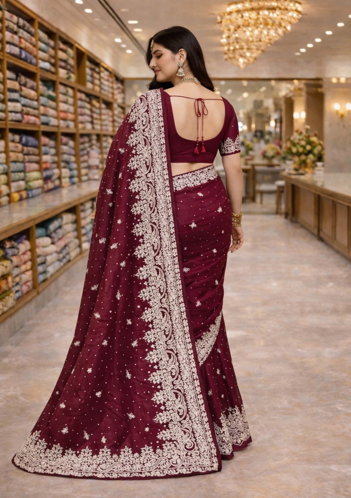 Maroon Designer Saree with Heavy White Embroidery Border & Butta Work - D00023