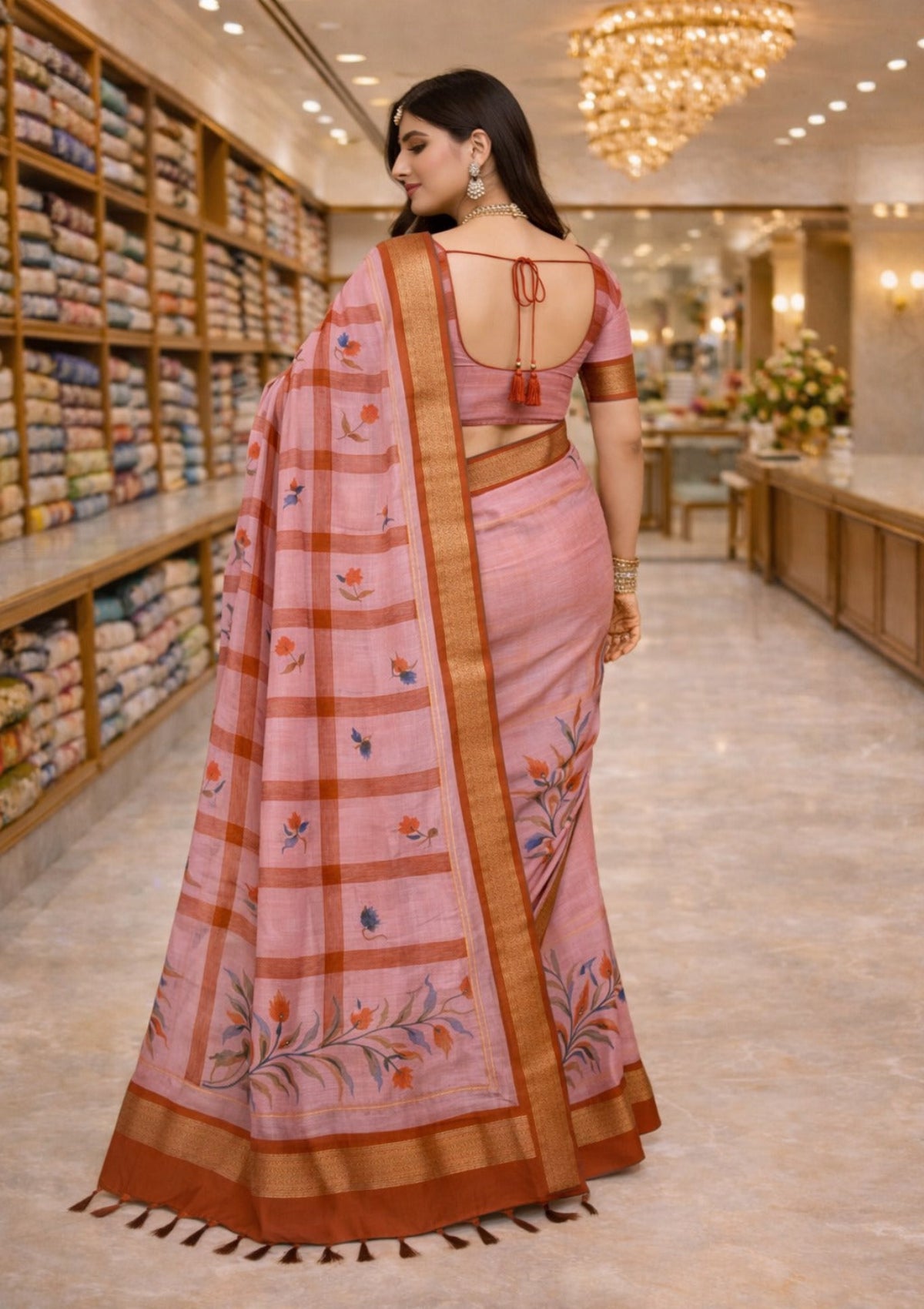 Blush Pink Cotton Saree with Hand-Painted Floral Design & Rich Zari Border - D00020