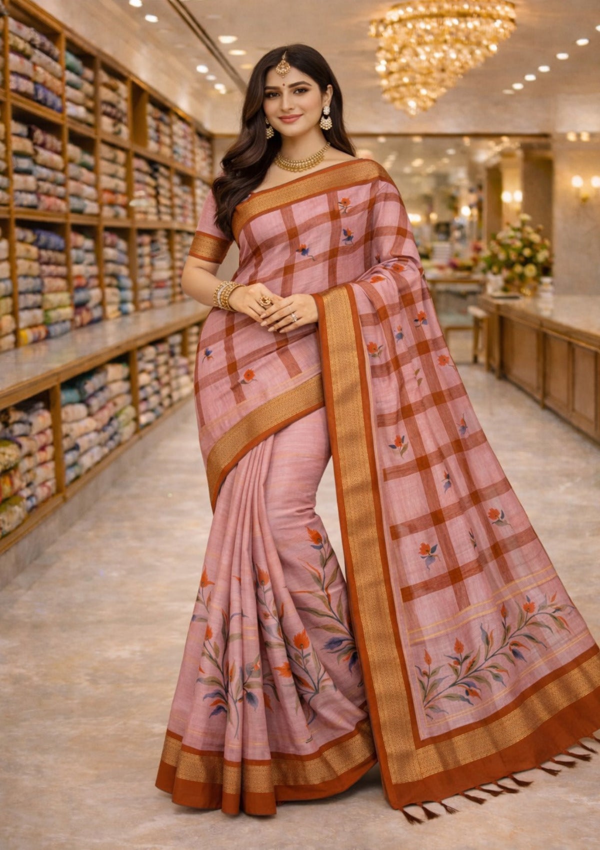 Blush Pink Cotton Saree with Hand-Painted Floral Design & Rich Zari Border - D00020