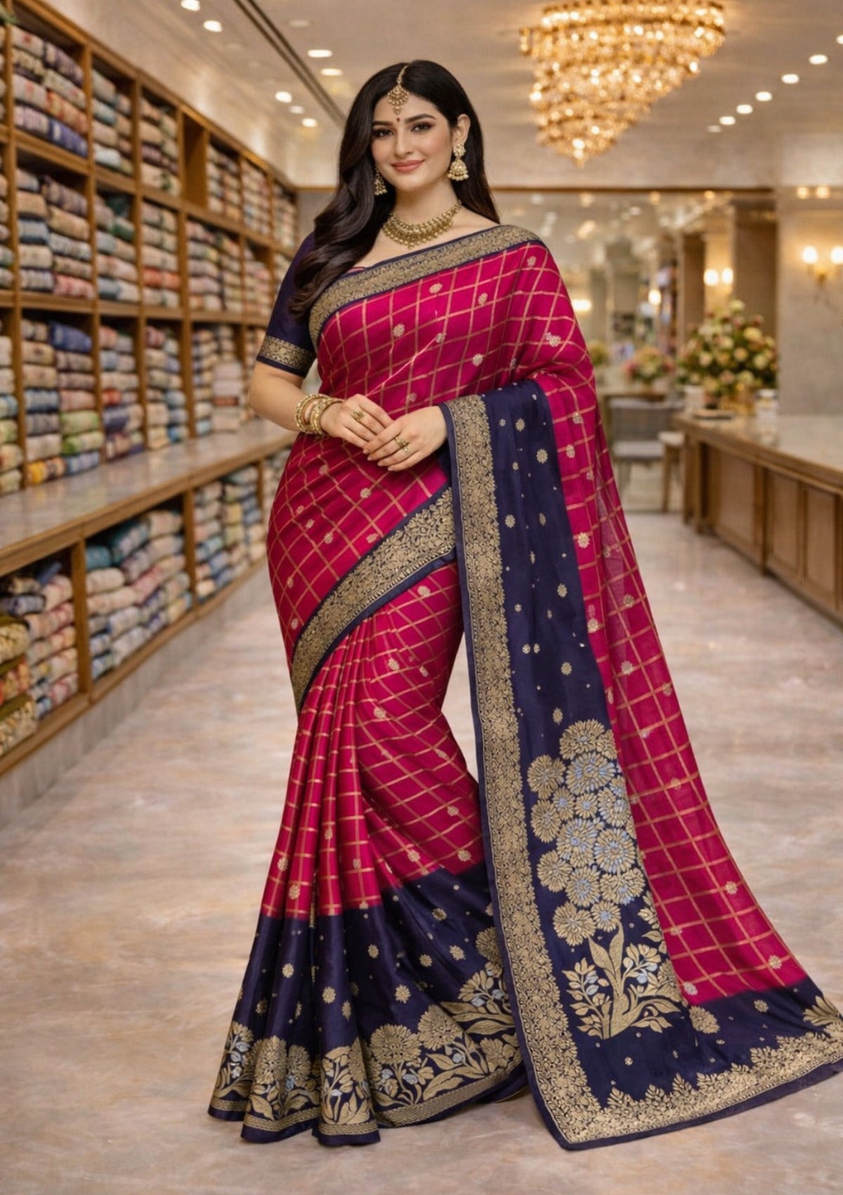 Navy Blue & Rani Pink Dual Tone Kanjivaram Style Saree with Rich Zari Floral Border - D00024