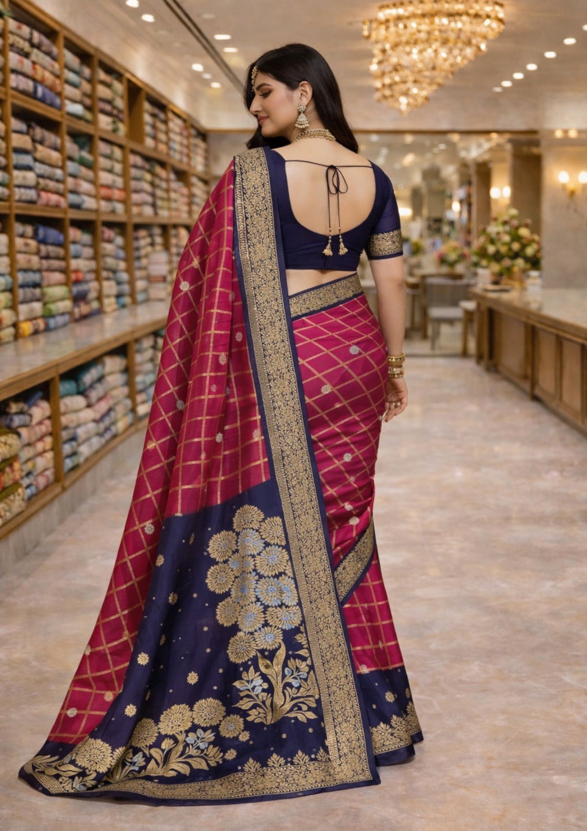 Navy Blue & Rani Pink Dual Tone Kanjivaram Style Saree with Rich Zari Floral Border - D00024
