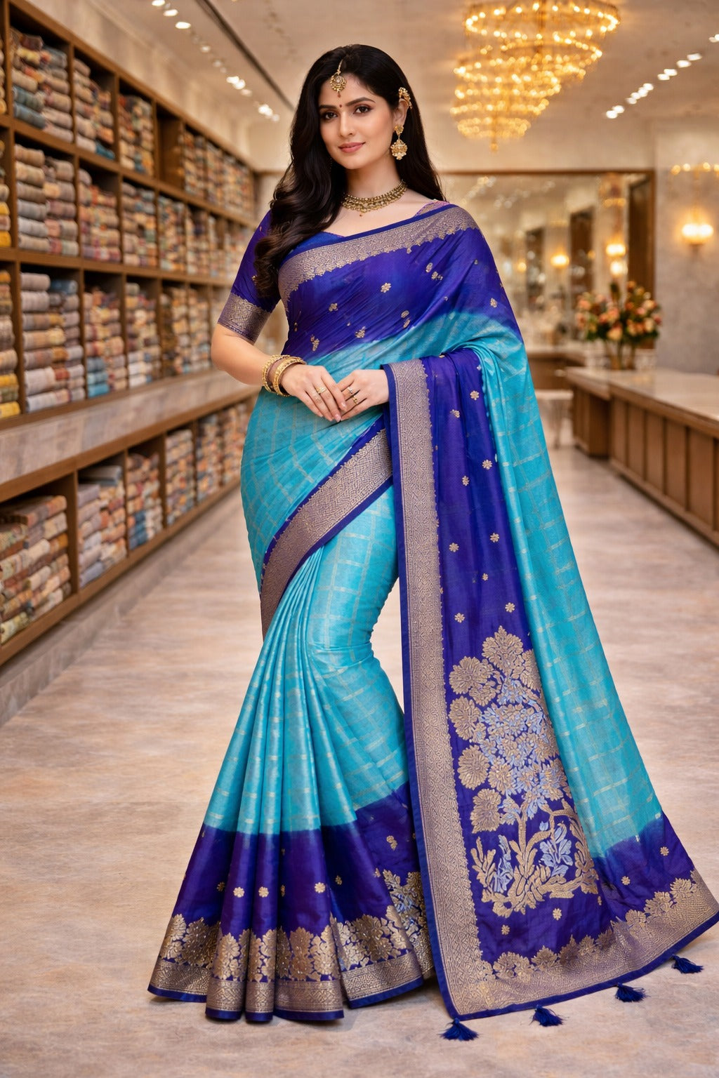 Aqua Blue & Royal Blue Soft Silk Saree with Gold Zari Checks and Rich Floral Pallu - D00025