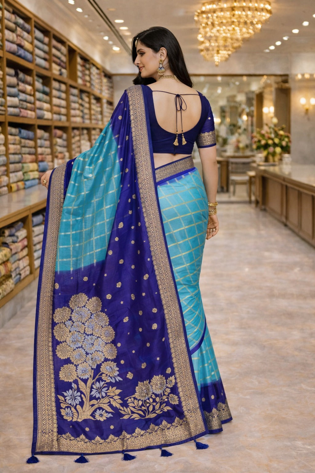 Aqua Blue & Royal Blue Soft Silk Saree with Gold Zari Checks and Rich Floral Pallu - D00025