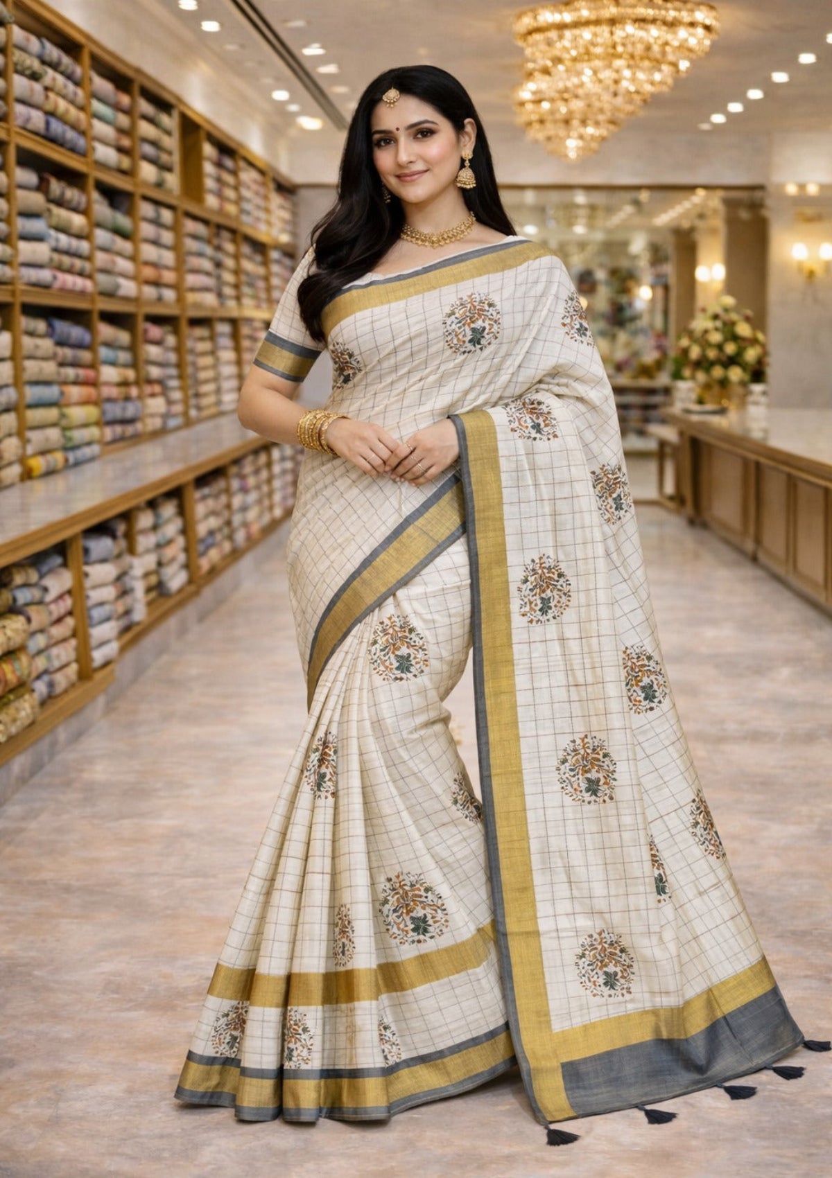 Royal Ivory Checked Saree with Traditional Printed Motifs & Contrast Temple Border - D00026