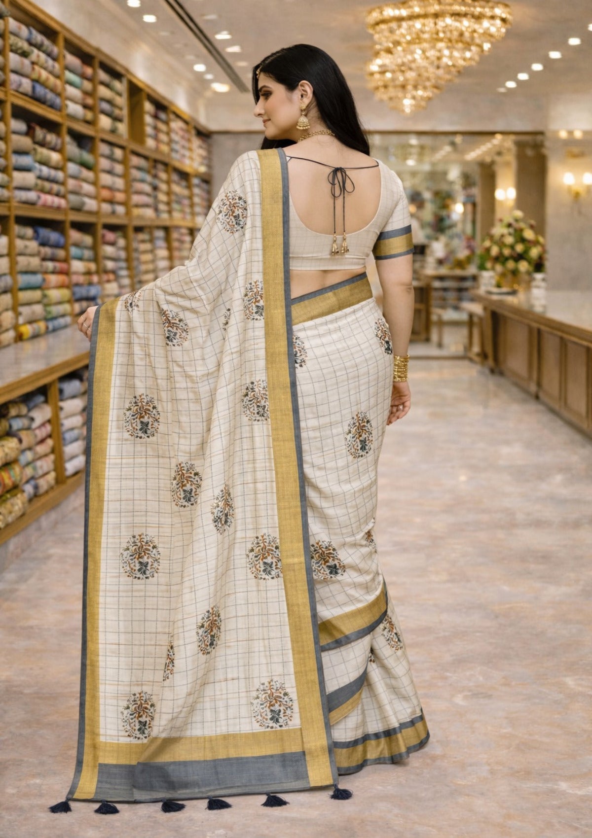 Royal Ivory Checked Saree with Traditional Printed Motifs & Contrast Temple Border - D00026