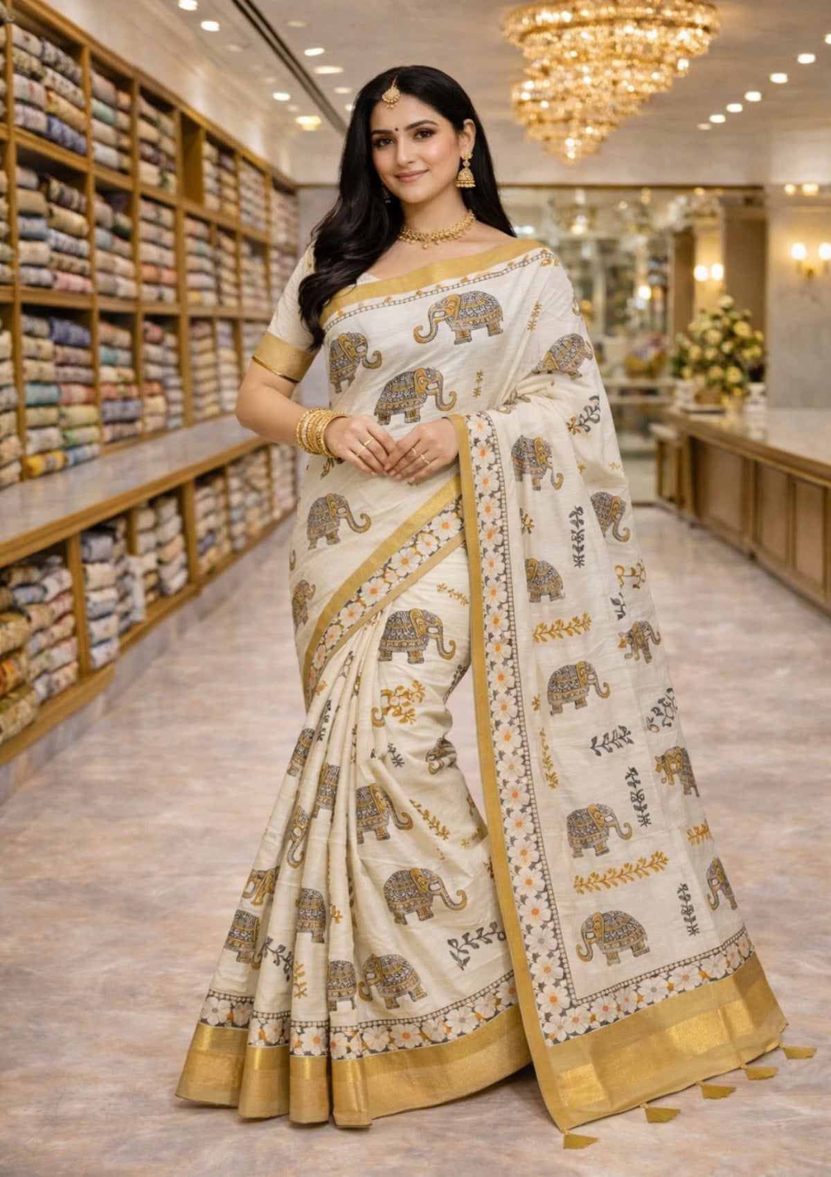 Elegant Off-White Printed Saree with Traditional Elephant Motifs & Rich Gold Border - D00031