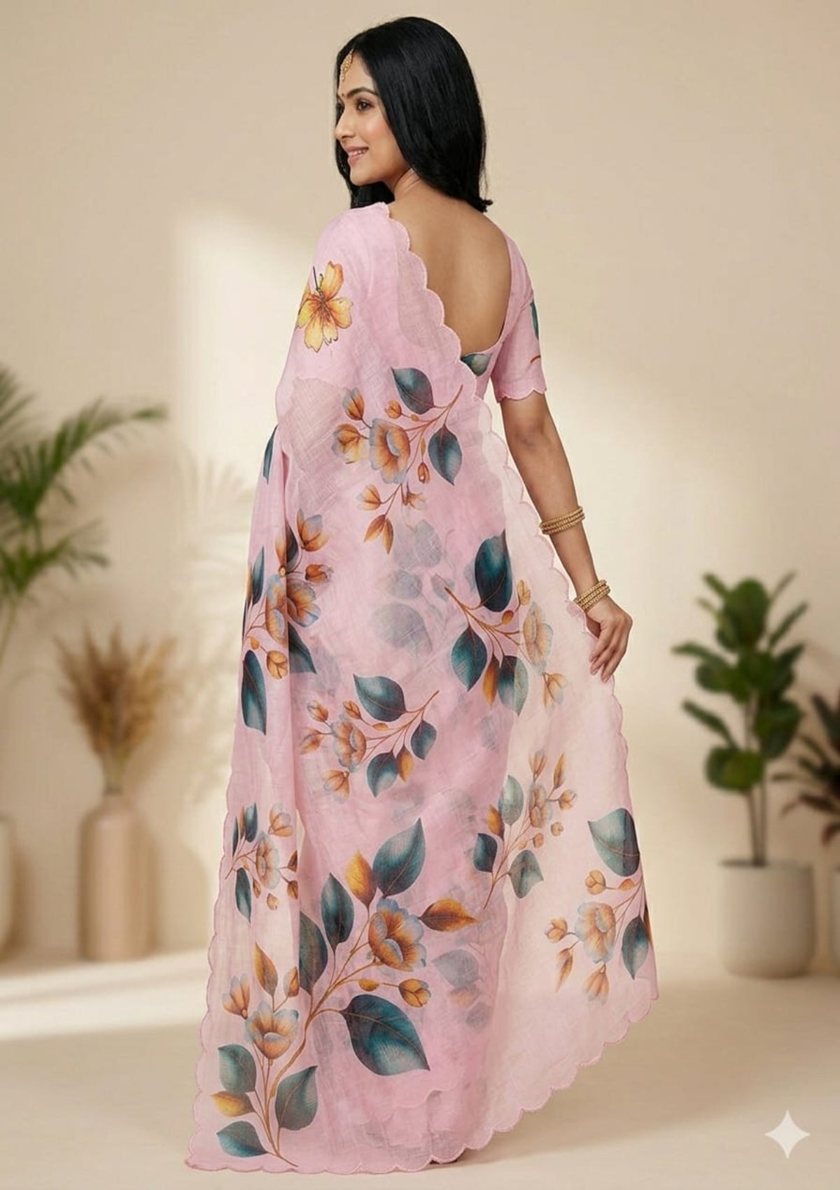 Blush Pink Floral Organza Saree with Scalloped Border - D00014