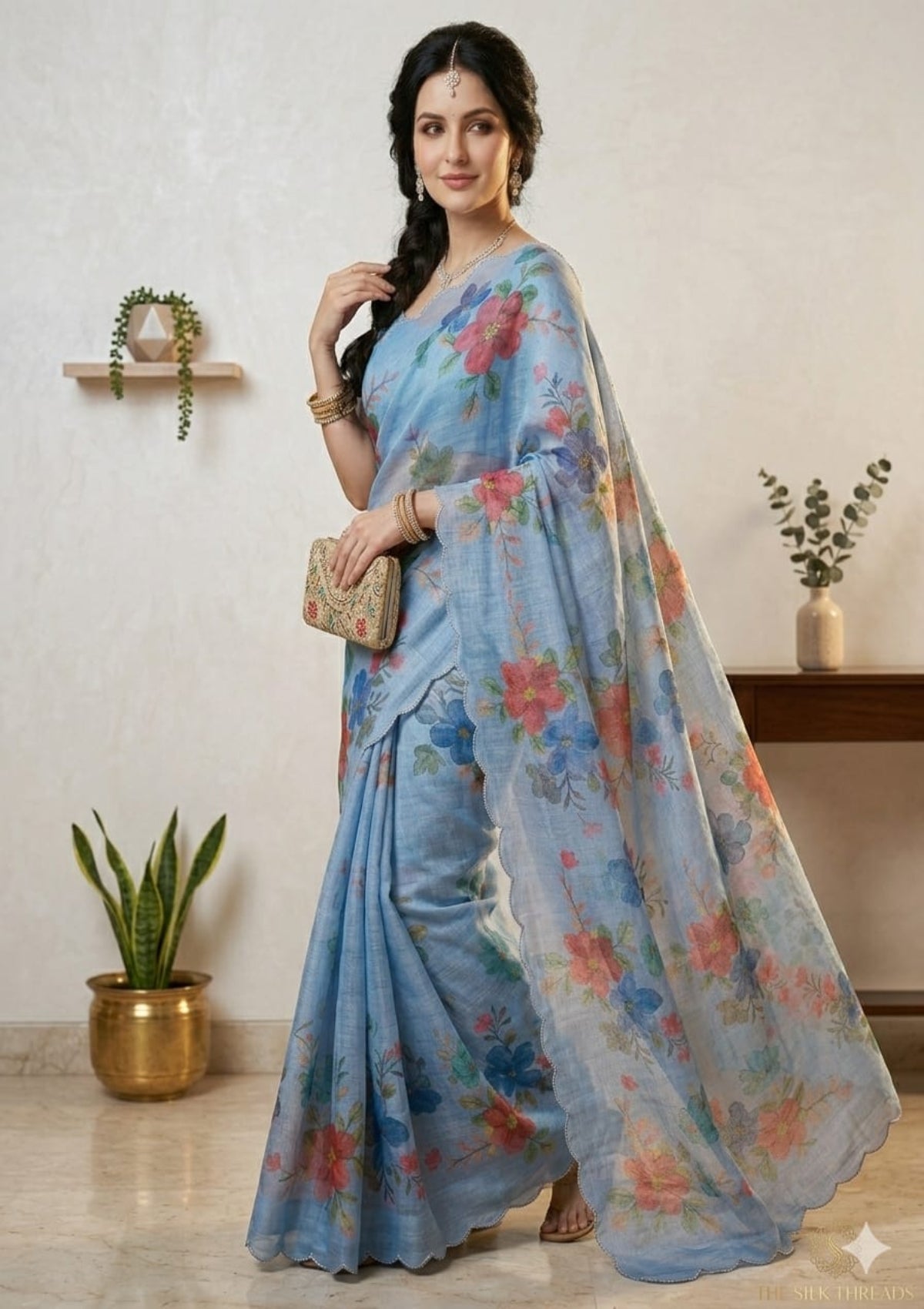 Sky Blue Floral Printed Organza Saree with Scalloped Border - D00016