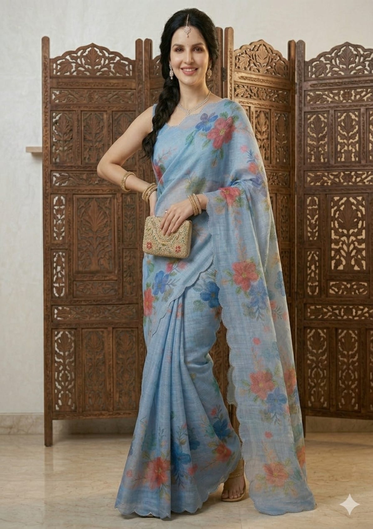 Sky Blue Floral Printed Organza Saree with Scalloped Border - D00016
